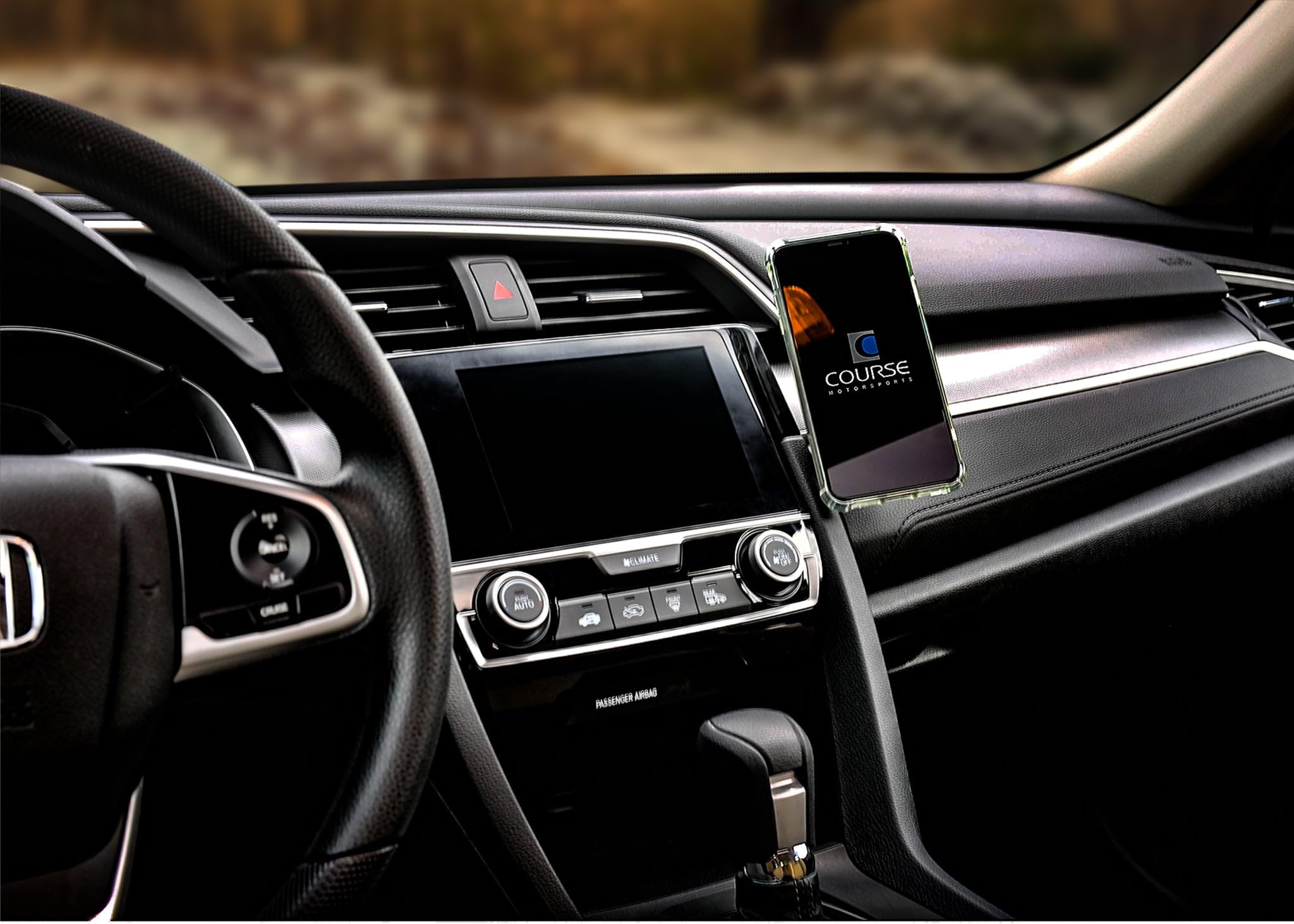 Course Motorsports Universal Phone Mount for Honda Civic (2016-2021) - Auto-Closing Charging Cradle with Right-Side Tan Leather - Perfect for Hands-Free Navigation & Safe Driving