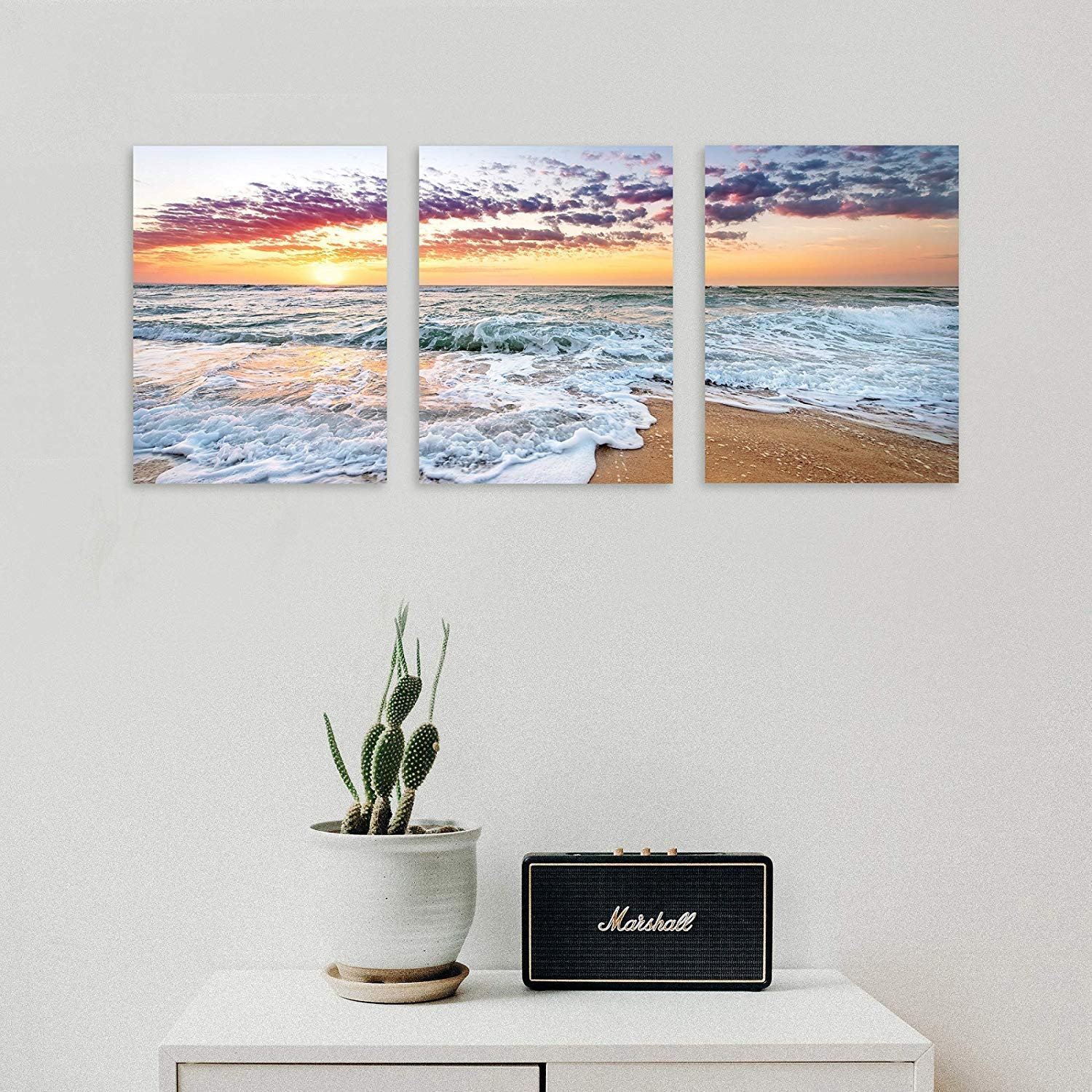 TutuBeer 3-Panel Beach Wall Art - Coastal Home Decor with White Sand Sunrise & Deep Blue Sky - 12x16 Inch Framed Beach Pictures for Living Room, Bedroom & Kitchen - Perfect Beach House Decorations & Ocean Themed Gifts