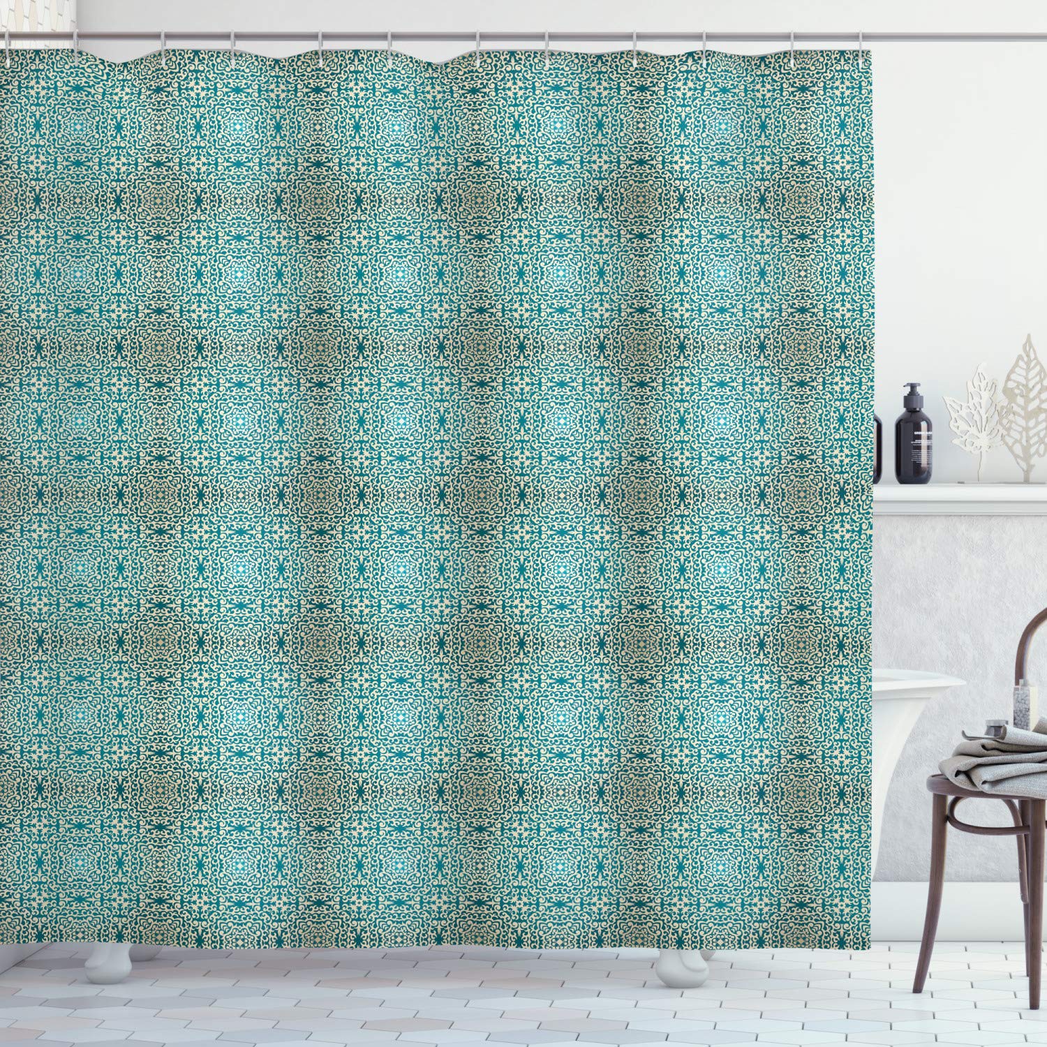 Ambesonne Baroque Shower Curtain - Elegant Oriental Floral Design with Geometric Patterns, Luxury Bathroom Decor Set with Hooks, 69x75 Inches, Teal Beige & Eggshell - Perfect for Vintage & Modern Bathrooms