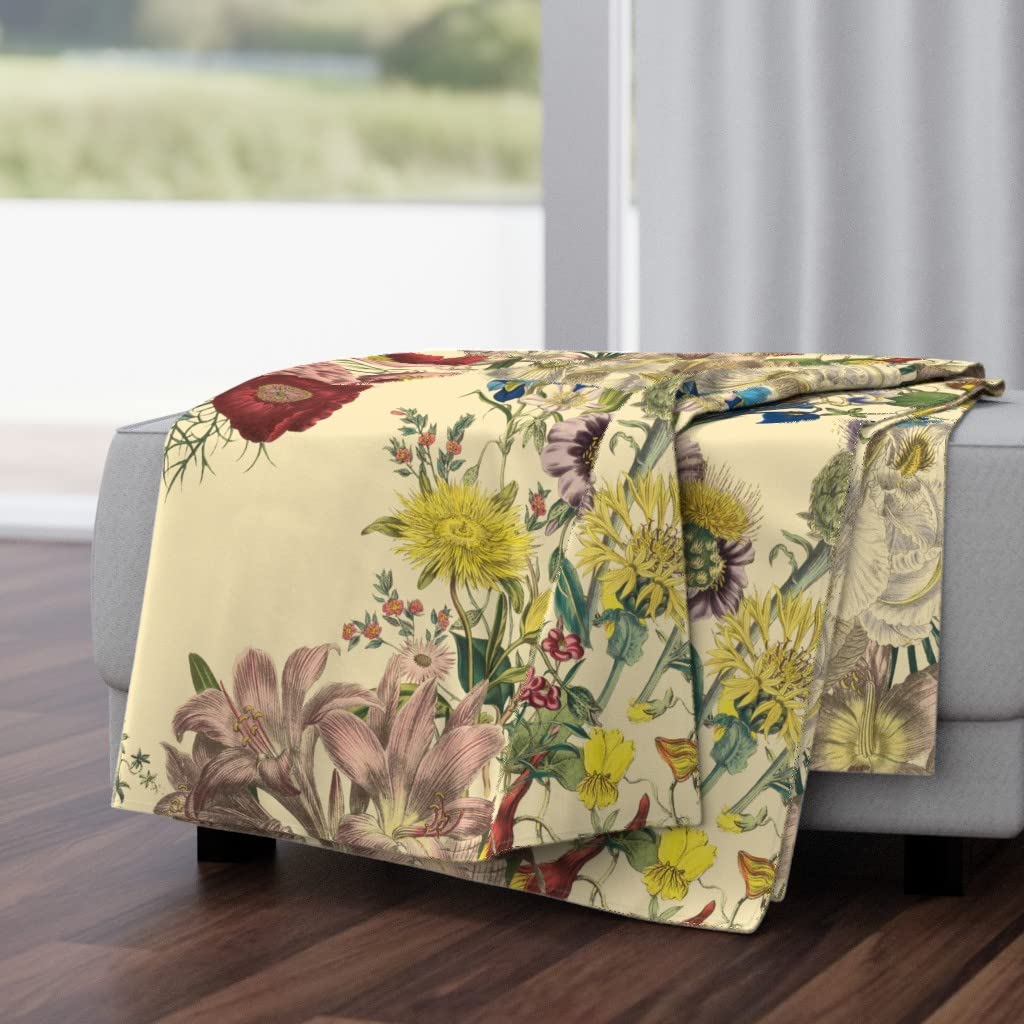 Soft Plush Minky Throw Blanket 50x70 Inches - Cream Floral Botanical French Garden Design for Bedroom, Sofa & Nursery | Cozy Home Decor Gift