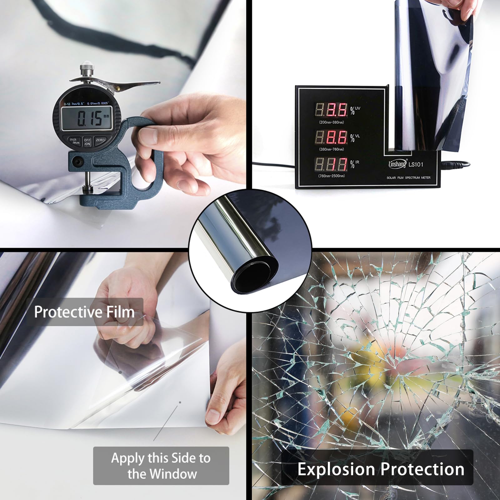 One Way Mirror Privacy Window Film - Static Cling Non-Adhesive UV Blocking Reflective Tint for Home & Office (Black Silver, 11.81
