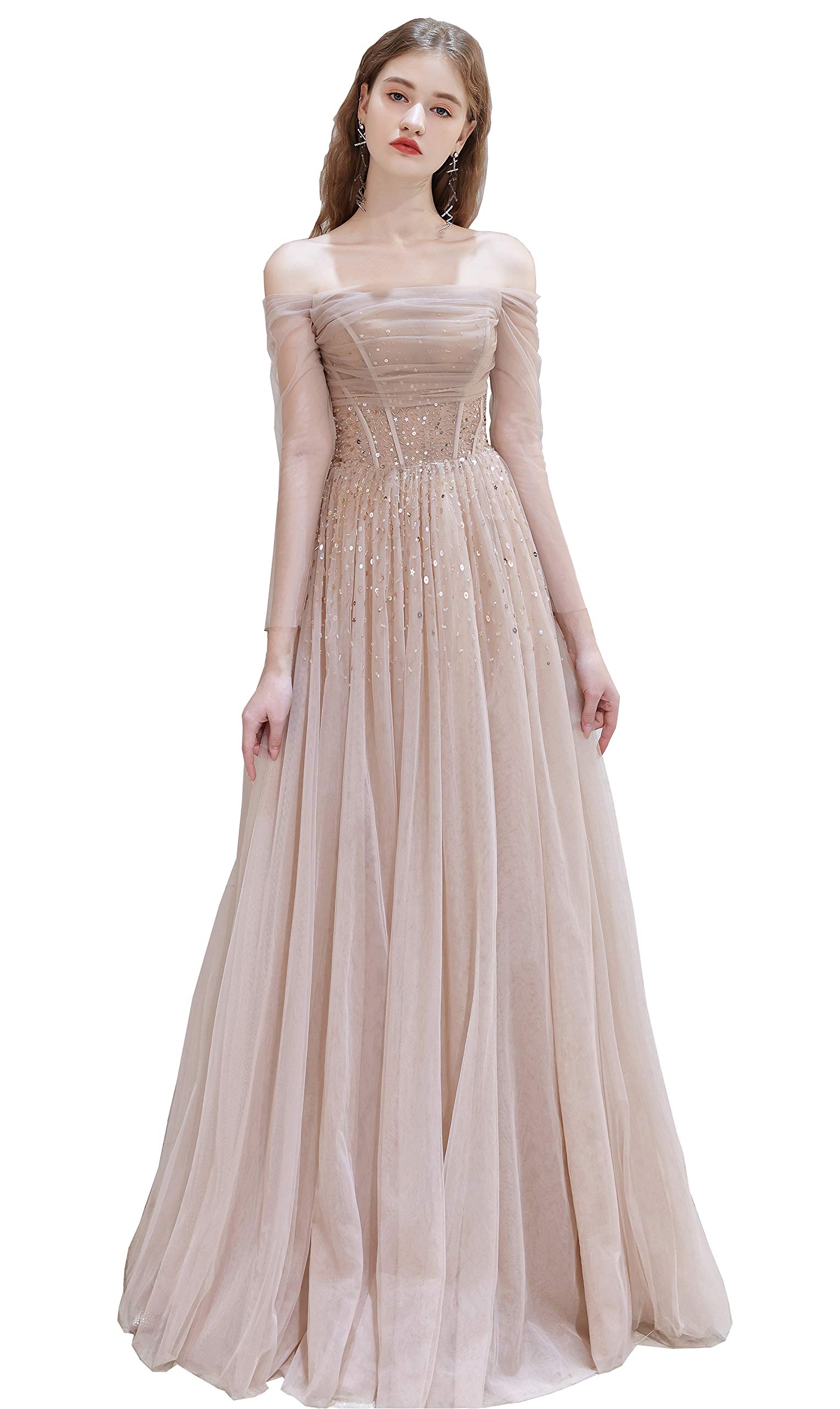 Ikerenwedding Women's Off-Shoulder Beaded Tulle Evening Dress with Long Sleeves - Elegant Formal Gown for Prom, Wedding Guest, Cocktail Party & Special Occasions