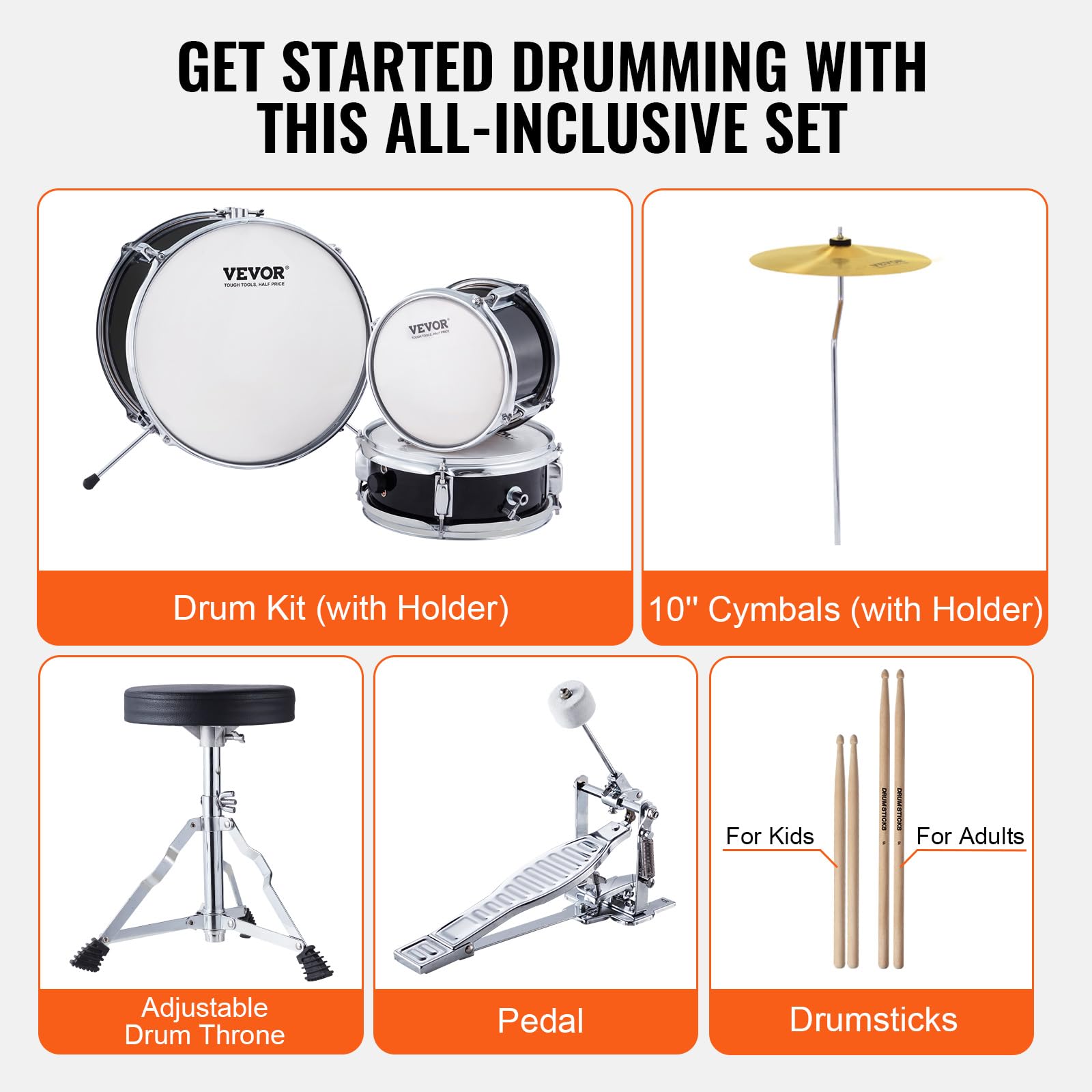 VEVOR Kids Drum Set 3-Piece Junior Beginner Drum Kit with Adjustable Throne, Sticks, Cymbal & Pedal - 14 Inch Black Tom Snare Bass Starter Drum Set for Children | Perfect for Home Practice, Music Lessons & Birthday Gifts
