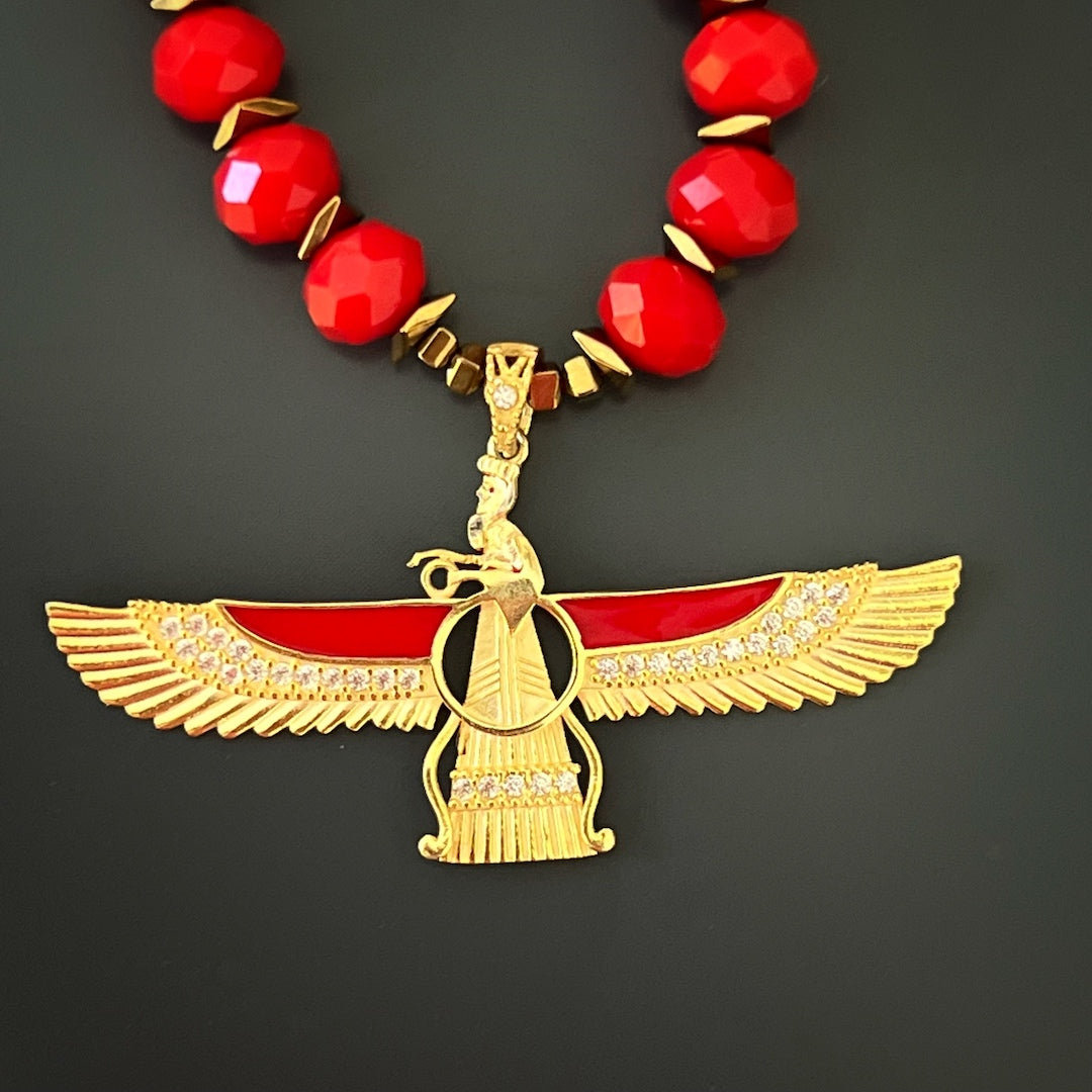 Guardian Angel Faravahar Pendant Necklace - Red Beaded Good Luck Jewelry for Women & Men - Perfect for Spiritual Protection, Gifts & Everyday Wear