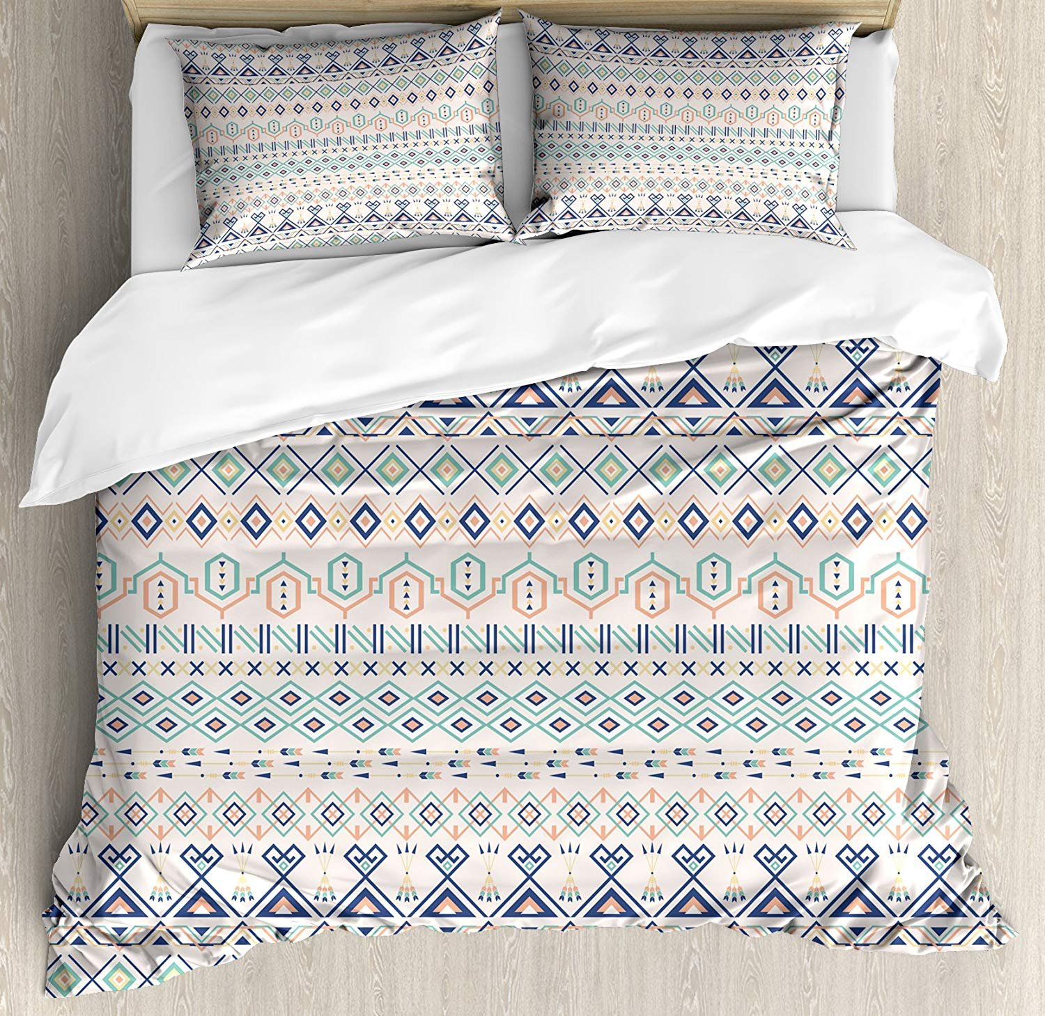 Custom Geometric Duvet Cover Set 4-Piece Full Size Bedding - Aztec Tribal Design with Triangles & Squares (1 Duvet Cover + 1 Flat Sheet + 2 Pillowcases) - Perfect for Boho Chic, Modern & Eclectic Bedroom Decor