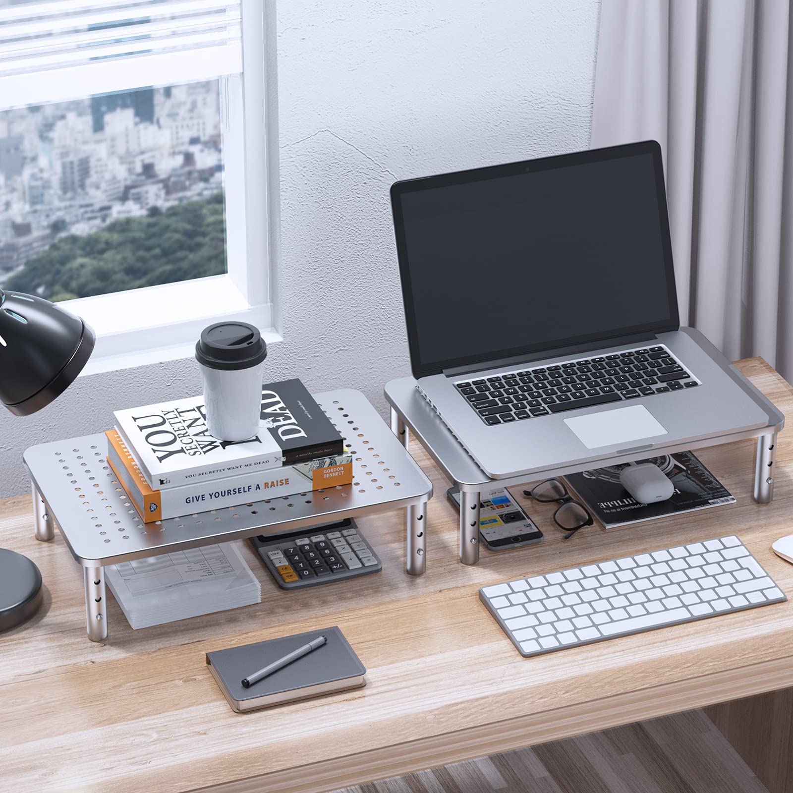 HUANUO Adjustable Monitor Stand - 3 Height Settings Ergonomic Laptop Riser for Computer, iMac, PC, Printer | Durable Metal Design with Ventilated Mesh Platform | Perfect for Home Office & Workspace Organization