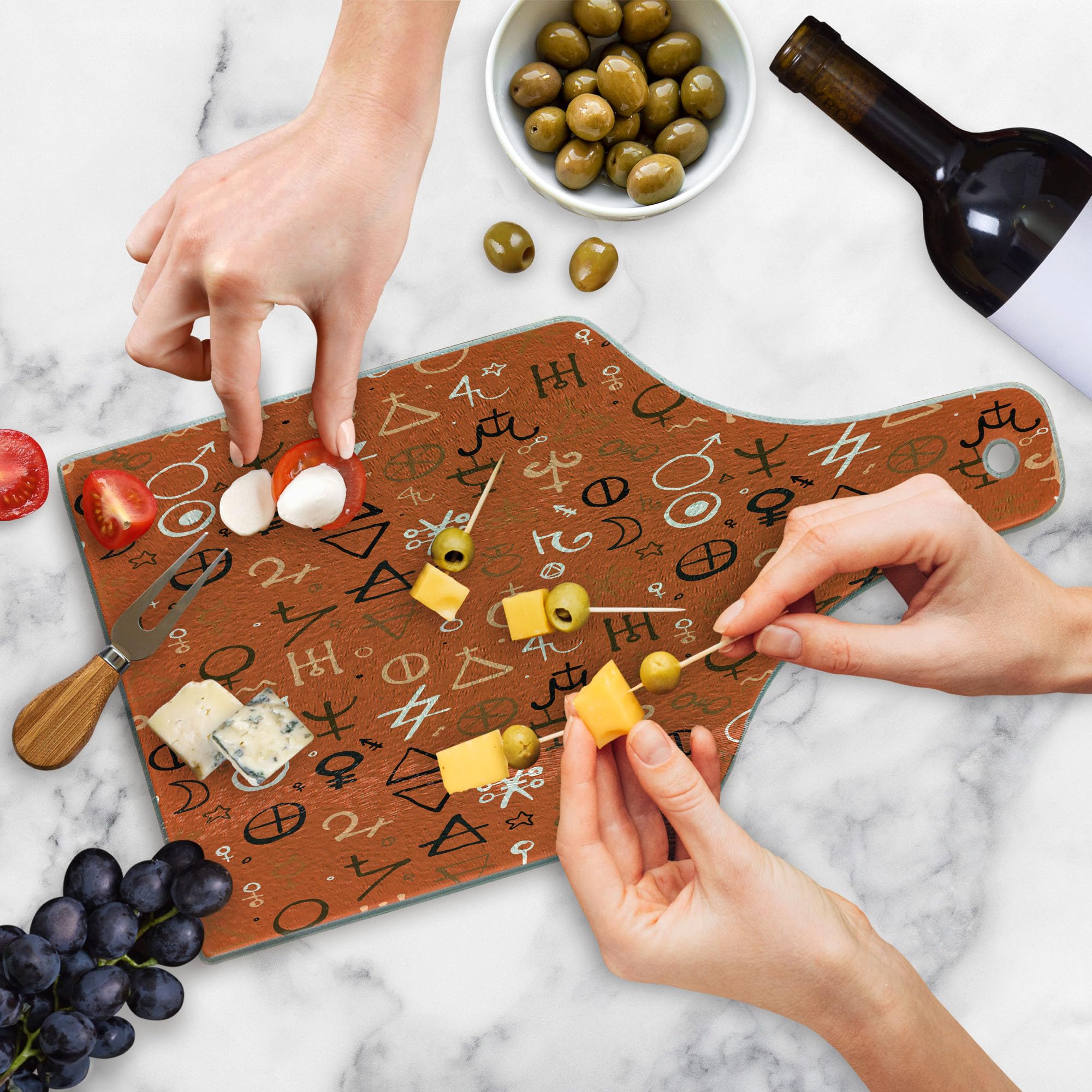 Ambesonne Bohemian Tempered Glass Cutting Board - Western Aztec Design, Wine Bottle Shape in Burnt Orange & Peach | Decorative Serving Board for Charcuterie, Cheese, and Wine Pairing | Perfect for Kitchen, Dining, and Entertaining