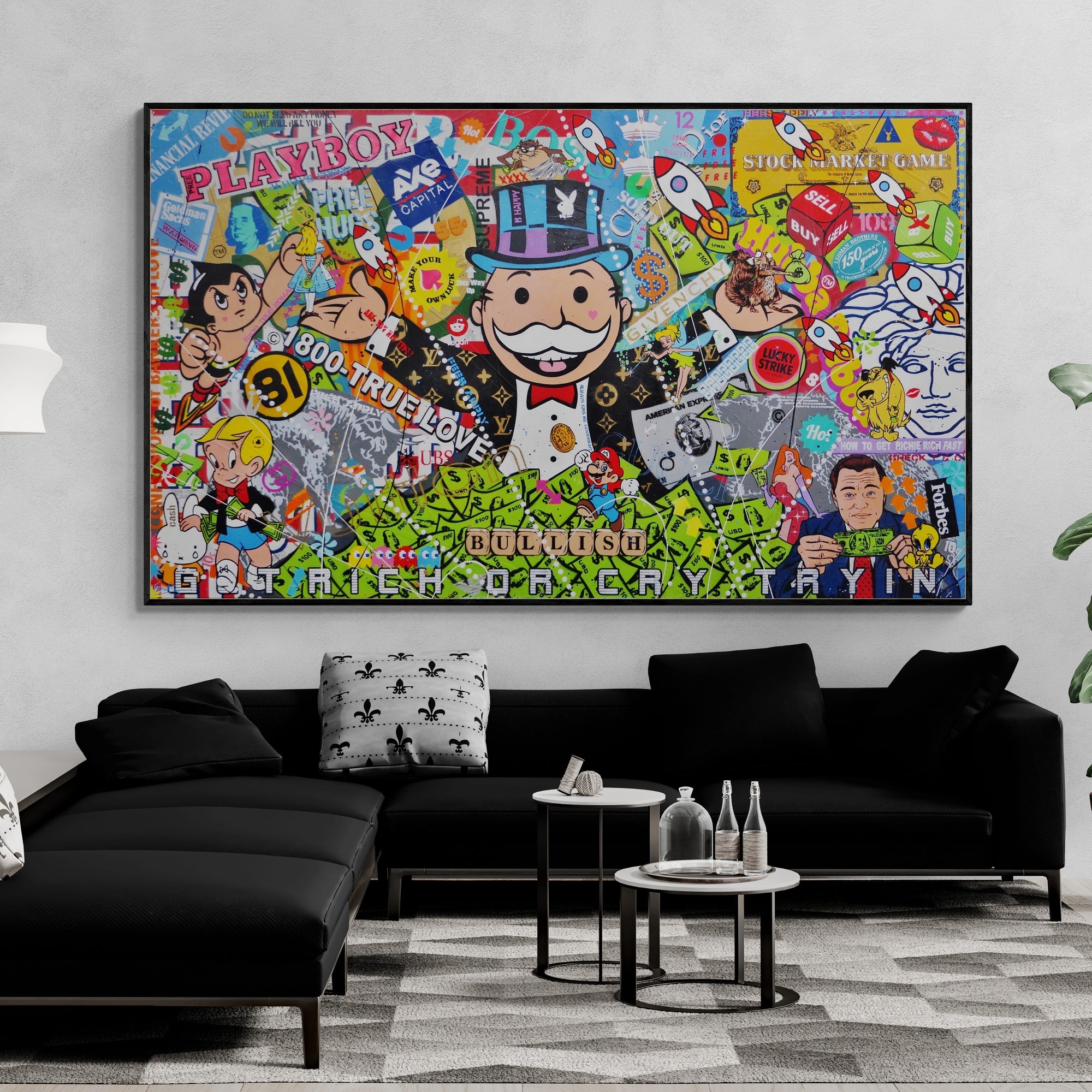 Bullish 250x150cm Monopoly Man Textured Urban Pop Art Canvas Painting - Modern Wall Decor for Living Room, Office & Game Room