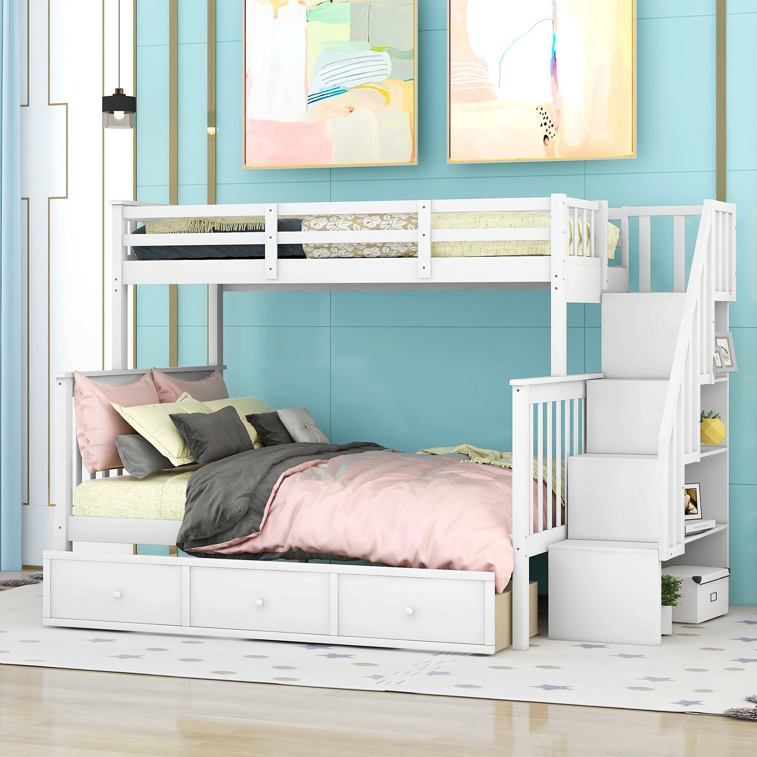 Twin Over Full Bunk Beds with Stairs - Wooden Stairway Bunk Bed with Storage Drawers & Open Shelves for Bedroom, Dorm, Kids Room - Space Saving Solution for Small Rooms (White)