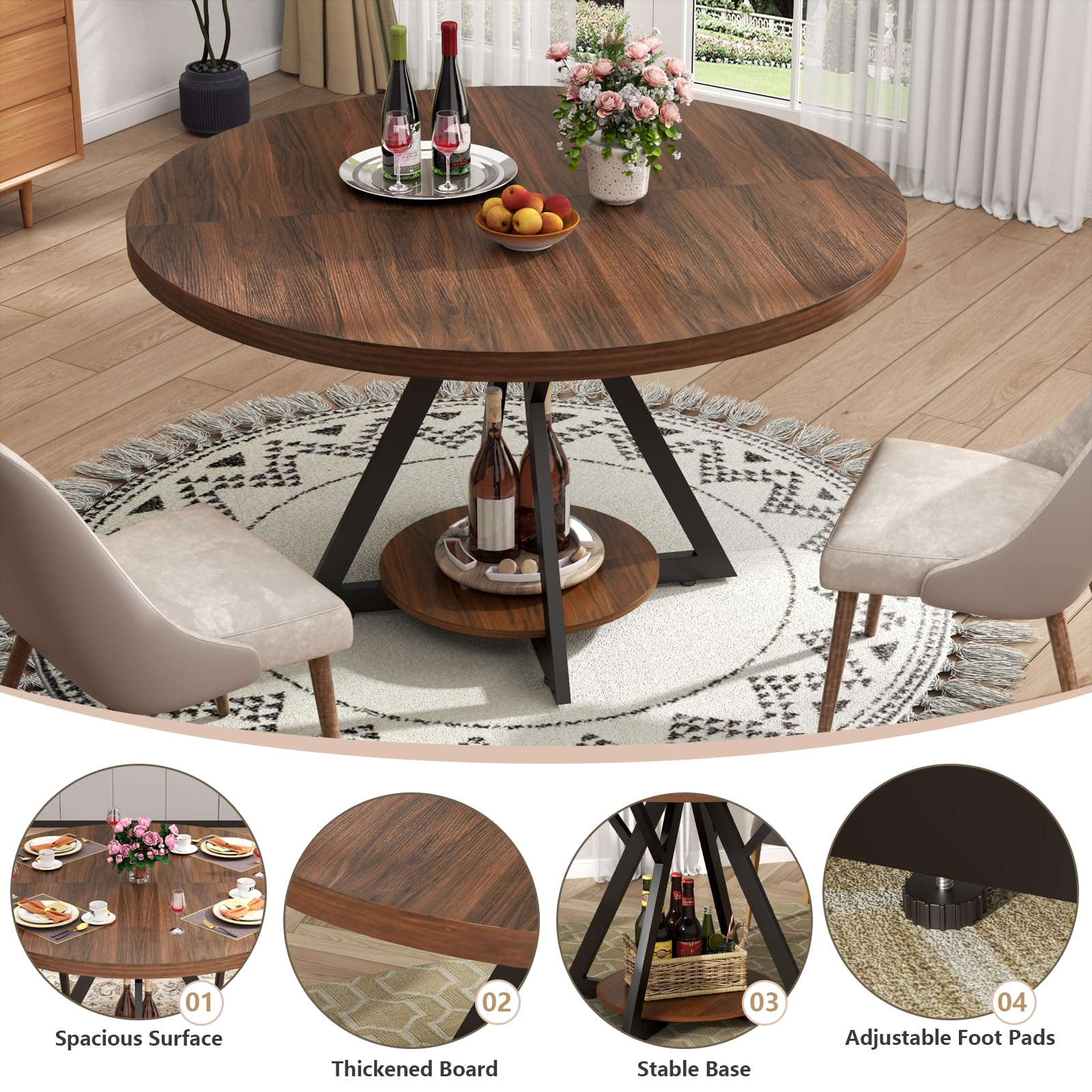 Modern Round Dining Table for 4 - 47.24 Inch Farmhouse Kitchen Table with Metal Base & Wooden Top | Adjustable Pads for Stability | Perfect for Small Spaces, Kitchen, Dining Room & Living Room