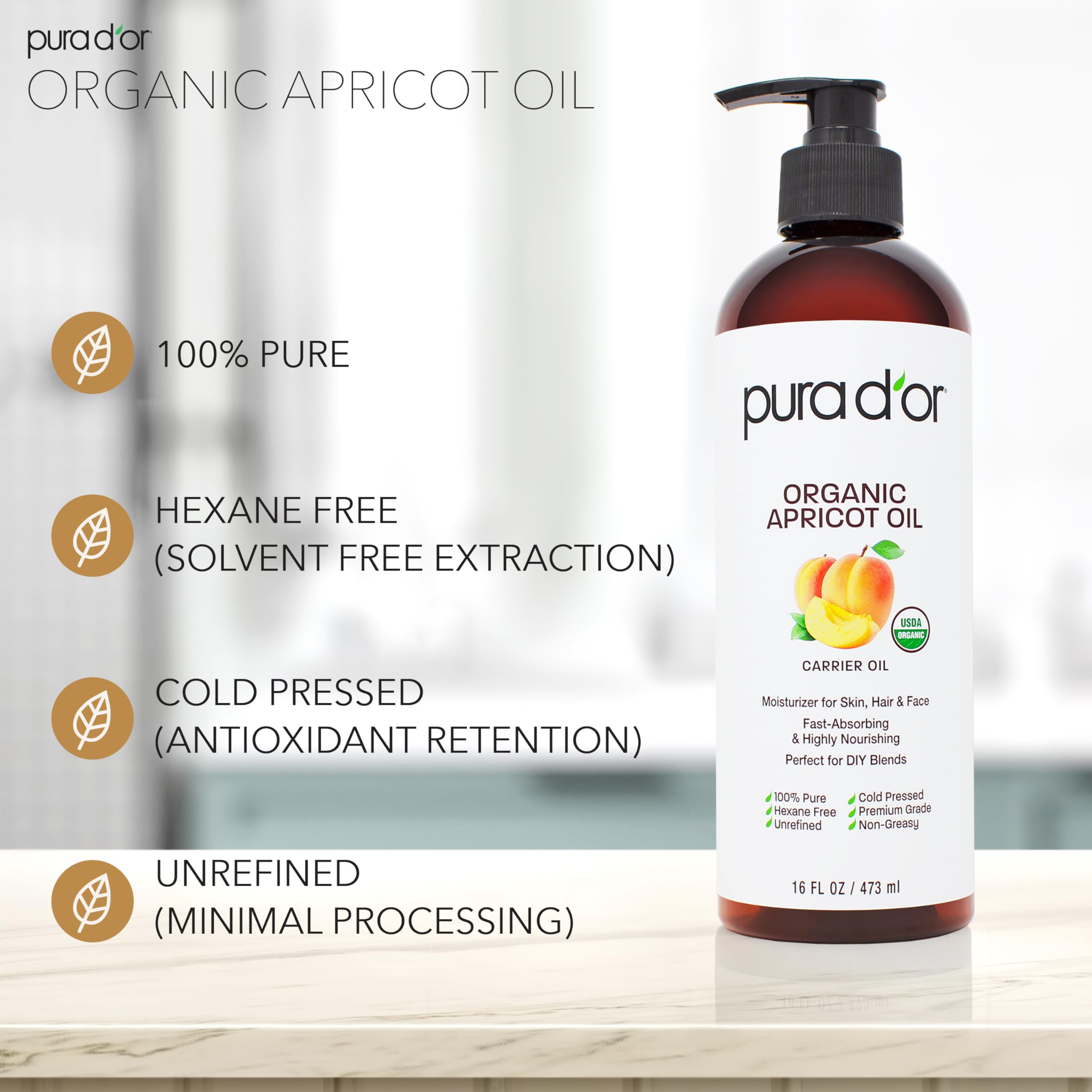 PURA D'OR 16 Oz Organic Apricot Kernel Oil - 100% Pure Cold Pressed Carrier Oil for Face, Skin & Hair Care - USDA Certified, Rich in Vitamin E & Antioxidants - Natural Moisturizer for Glowing Skin & Soft Hair - Perfect for Daily Skincare & Hair Treatment Routine