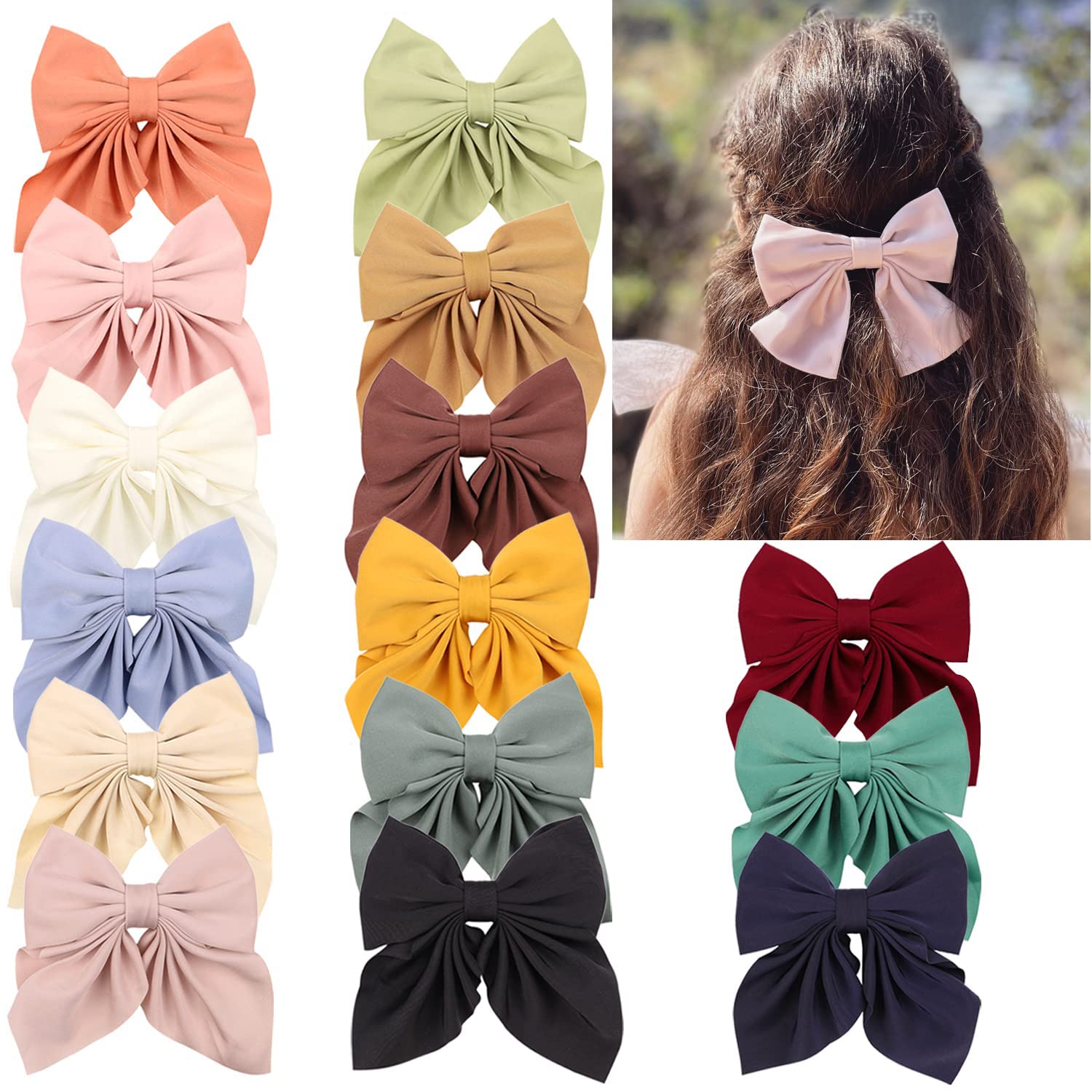 15 PCS Satin Solid Color Large Hair Bows for Girls - Handmade Big Bow Hair Accessories with Alligator Clips for Toddlers & Kids - Perfect for Parties, School, Holidays & Everyday Wear