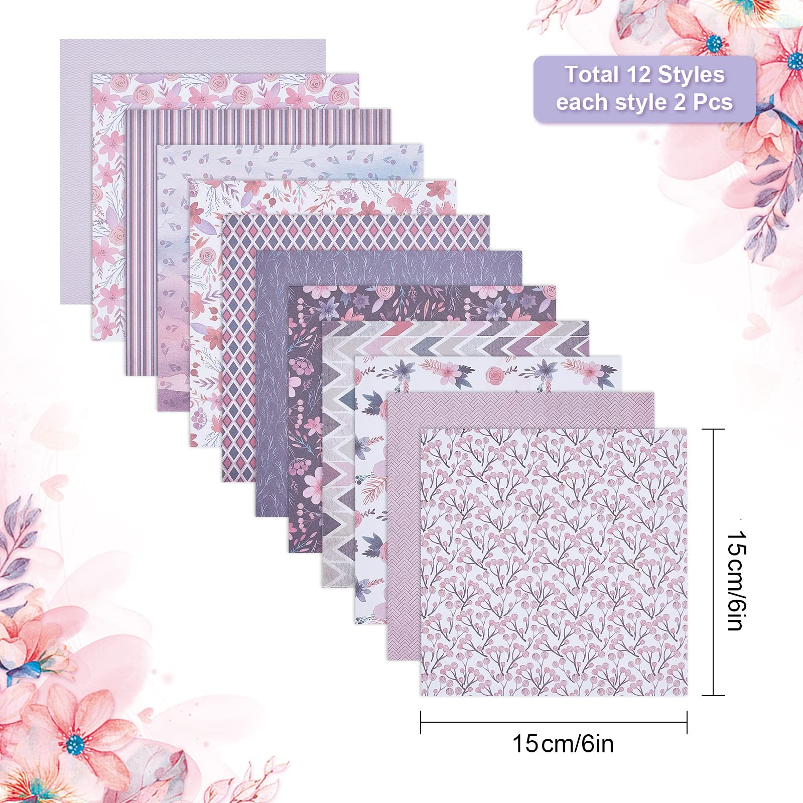 GORGECRAFT 24 Sheets Purple Floral Pattern Paper Pack - 6x6