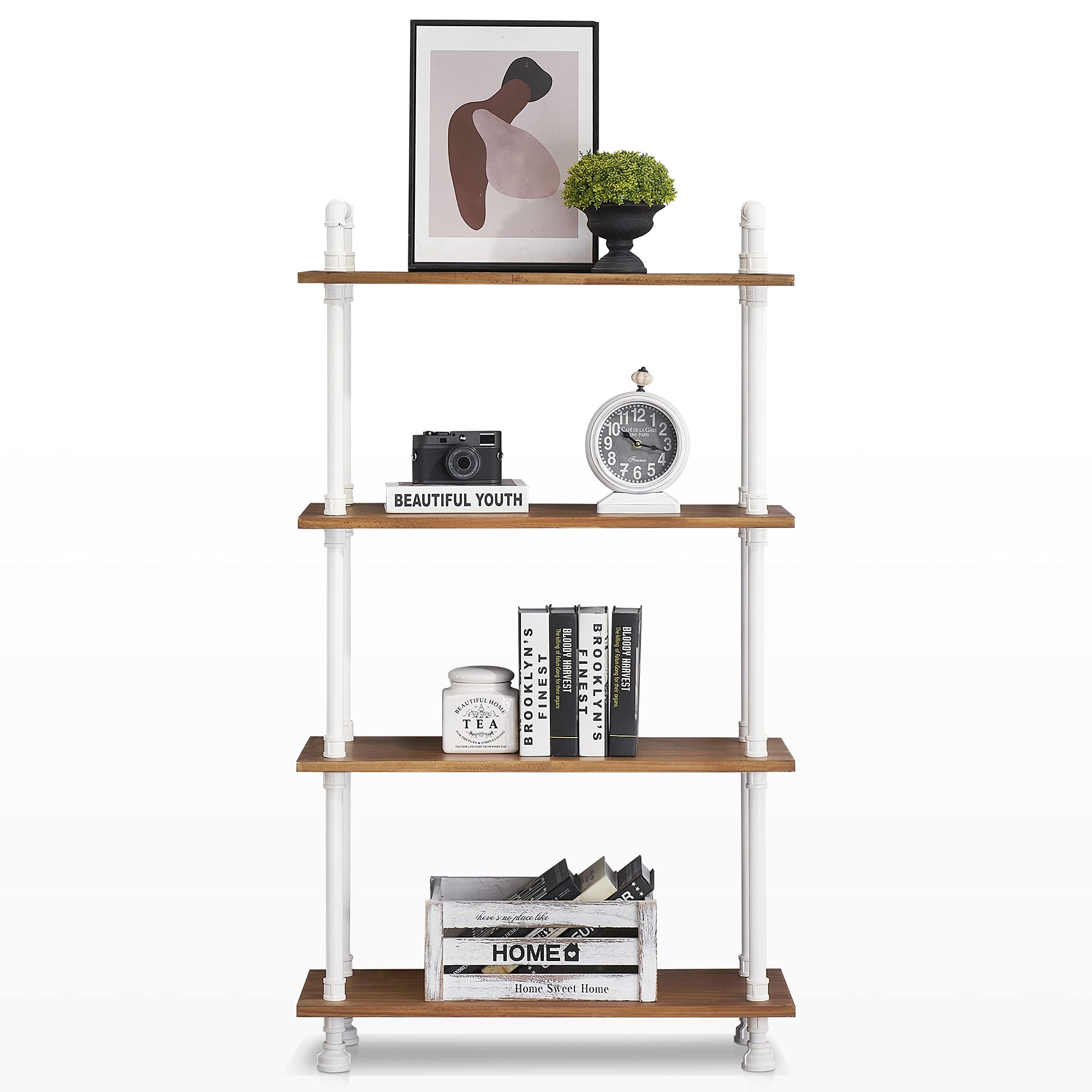 Modern Industrial White Bookshelf - 4-Shelf Leaning Bookcase for Bedroom, Living Room & Office - Small Space Storage Solution for Books, Decor & Essentials