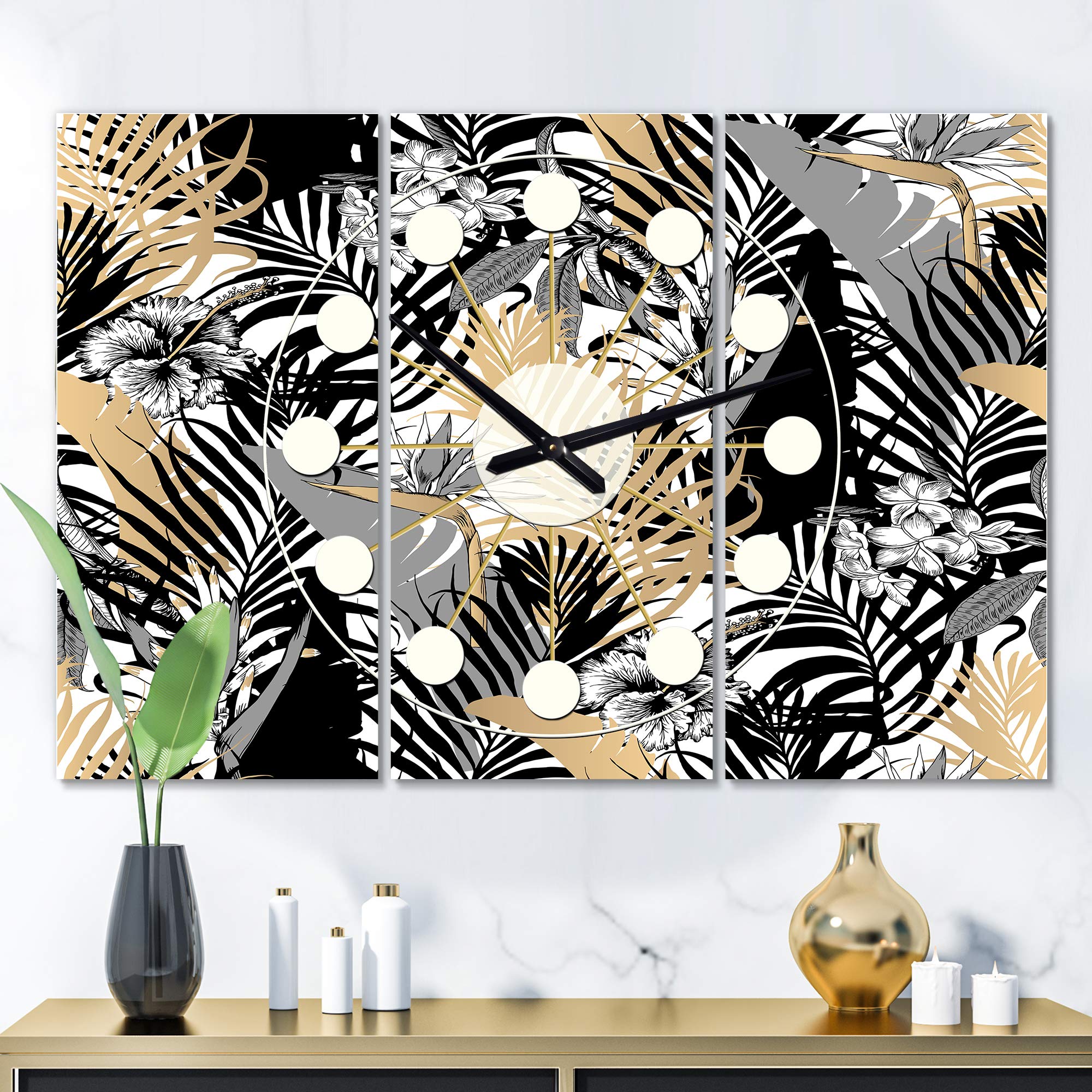 Designart Golden Foliage II Mid-Century Modern 3 Panel Wall Clock - Metal Wall Art Decor for Living Room, Bedroom, Office - Perfect for Home & Workspace Décor