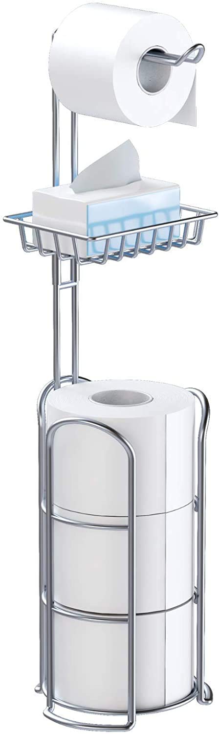 TreeLen Chrome Freestanding Toilet Paper Roll Holder with Shelf - Modern Metal Bathroom Tissue Storage Organizer for Bathroom, Kitchen, RV & Office Use