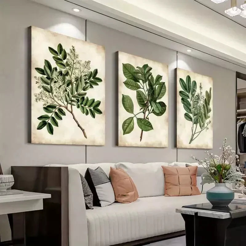 Vintage Leaves Canvas Wall Art Set - 3 Piece Framed Prints 50x70cm - High Quality Australian Made Ready to Hang Wall Decor for Living Room, Bedroom & Office