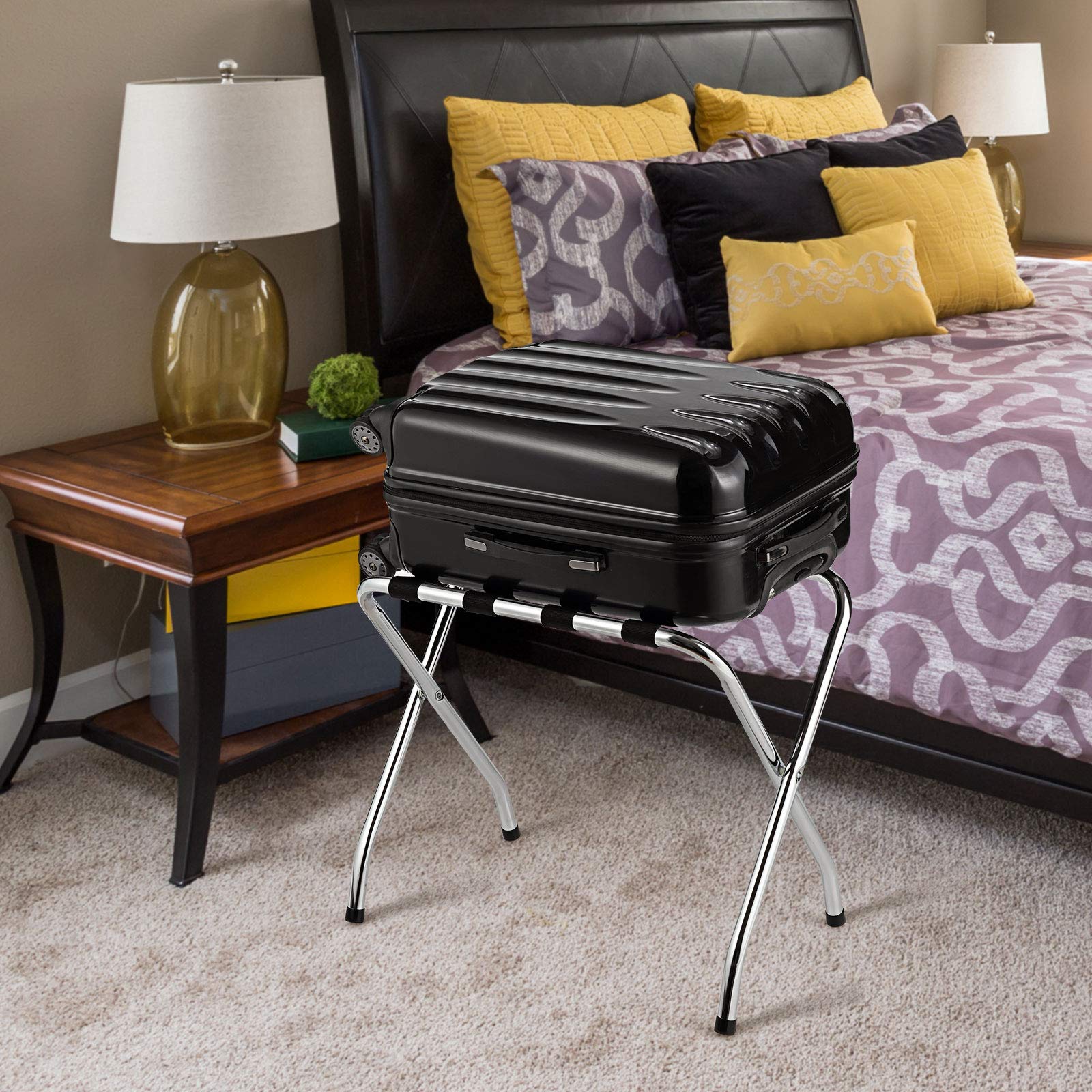 Tangkula Chrome Folding Luggage Rack - No Assembly Required Metal Suitcase Stand with Nylon Belts for Bedroom, Guest Room & Hotel - Space-Saving Silver Storage Solution (3-Pack) - Perfect for Travelers & Small Spaces
