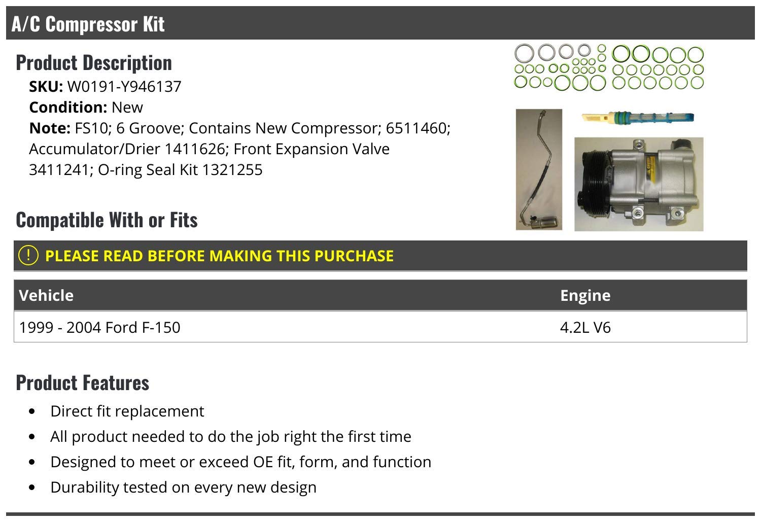 Ford F150 4.2L V6 A/C Compressor Kit (1999-2004) - Replacement AC Compressor with Clutch & Components - Perfect for Summer Cooling & Auto AC Repair