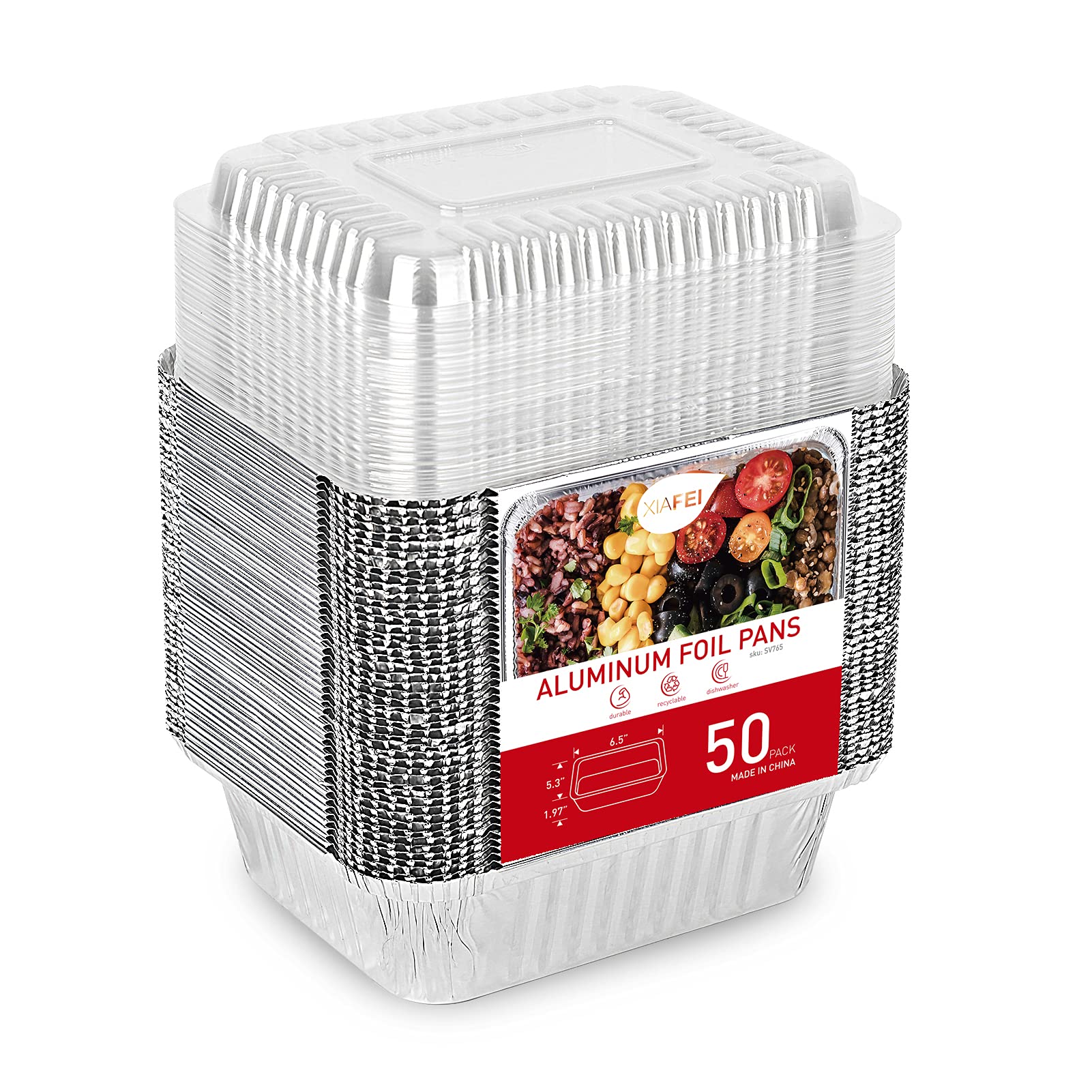 50-Pack 1.5LB Aluminum Pans with Clear Lids - Disposable Food Containers for Takeout, Meal Prep & Storage | Recyclable Foil Trays with Secure Seal for Freshness & Leakproof | Perfect for Catering, Parties & Leftovers (6.1x5.3x16.5 Inches)