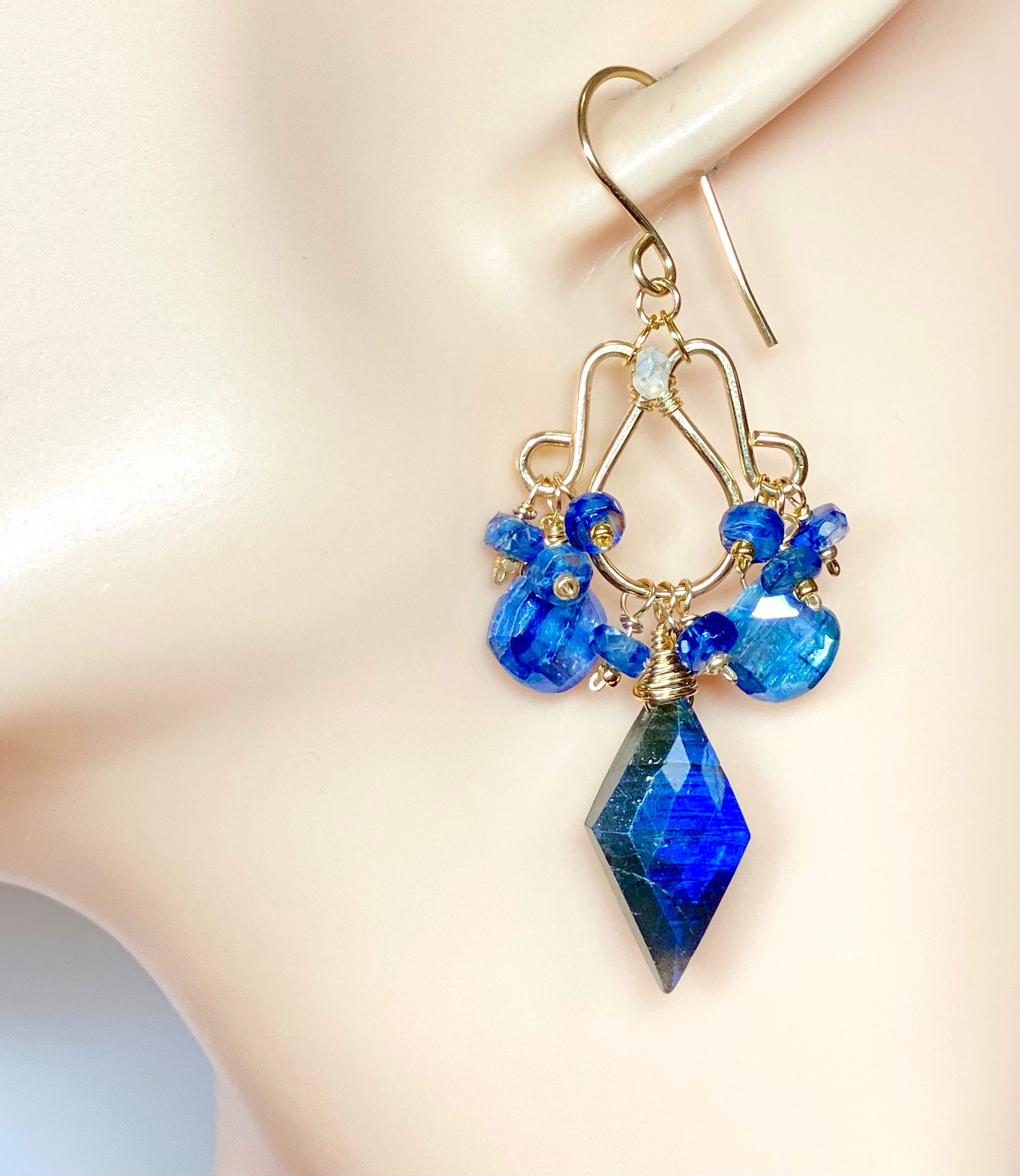 Handmade Blue Labradorite and Kyanite Chandelier Earrings in Gold Fill - Elegant Boho Jewelry for Women, Perfect for Weddings & Special Occasions