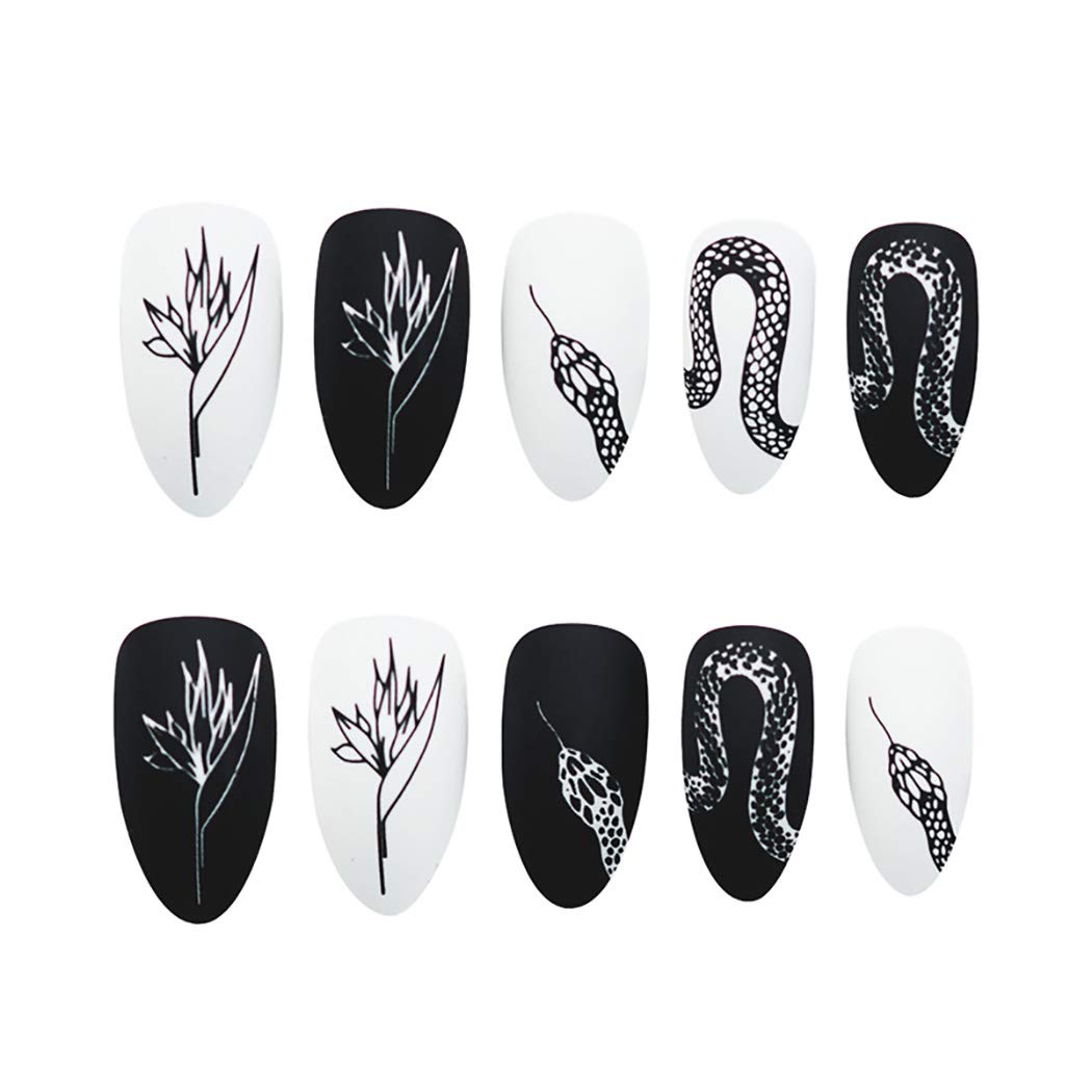 Sethexy 24Pcs Matte Stiletto Press on Nails - Black White Snake Print Acrylic Fake Nails for Women, Long Full Cover False Nails Tips | Perfect for Parties, Weddings, and Special Occasions