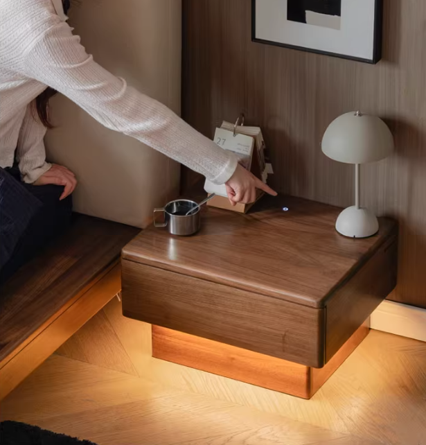 Premium Black Walnut Solid Wood Nightstand with LED Light Drawer - Stylish Bedside Table for Bedroom, Living Room, or Guest Room