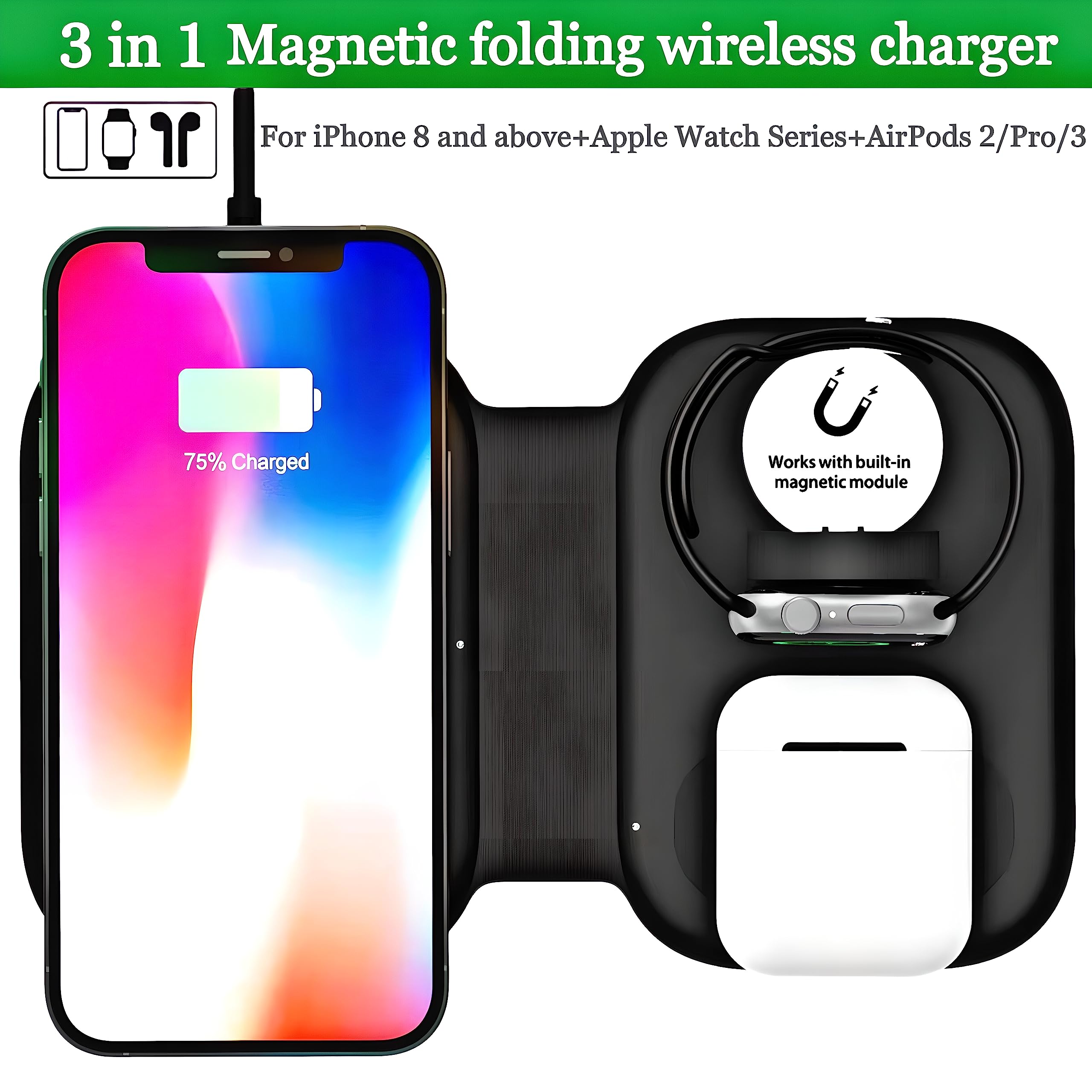 3-in-1 Wireless Charging Station for iPhone 16/15/14/13/12 Pro Max/Plus/XS/XR, Apple Watch & AirPods - Foldable Travel Charger with Fast Charging (Adapter Included) | Perfect for Home, Office & Travel Use