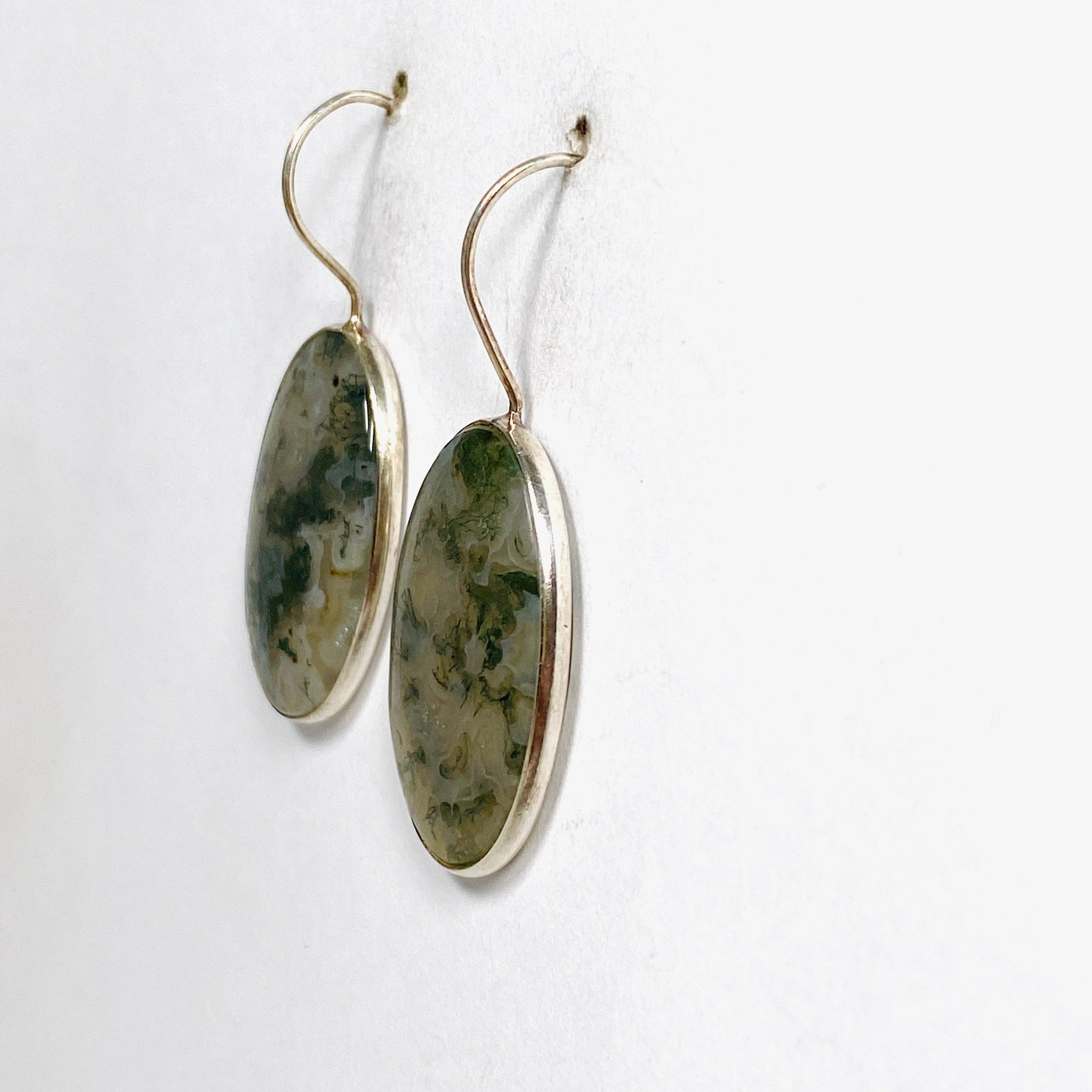 Natural Moss Agate Oval Dangle Earrings with Sterling Silver Hooks - Elegant Boho Jewelry for Women | Perfect for Weddings, Parties & Everyday Wear