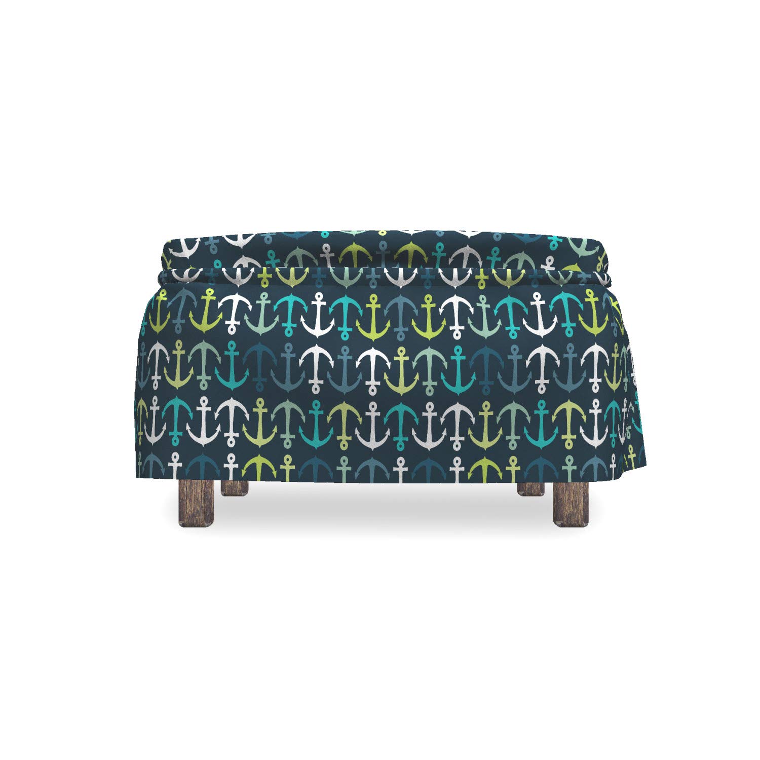 Ambesonne Anchor Ottoman Cover Set - 2 Piece Slipcover with Ruffle Skirt for Square/Round Footstools, Nautical Maritime Decor in Dark Blue Green White | Perfect for Living Room, Bedroom, or Boat Cabin Decoration