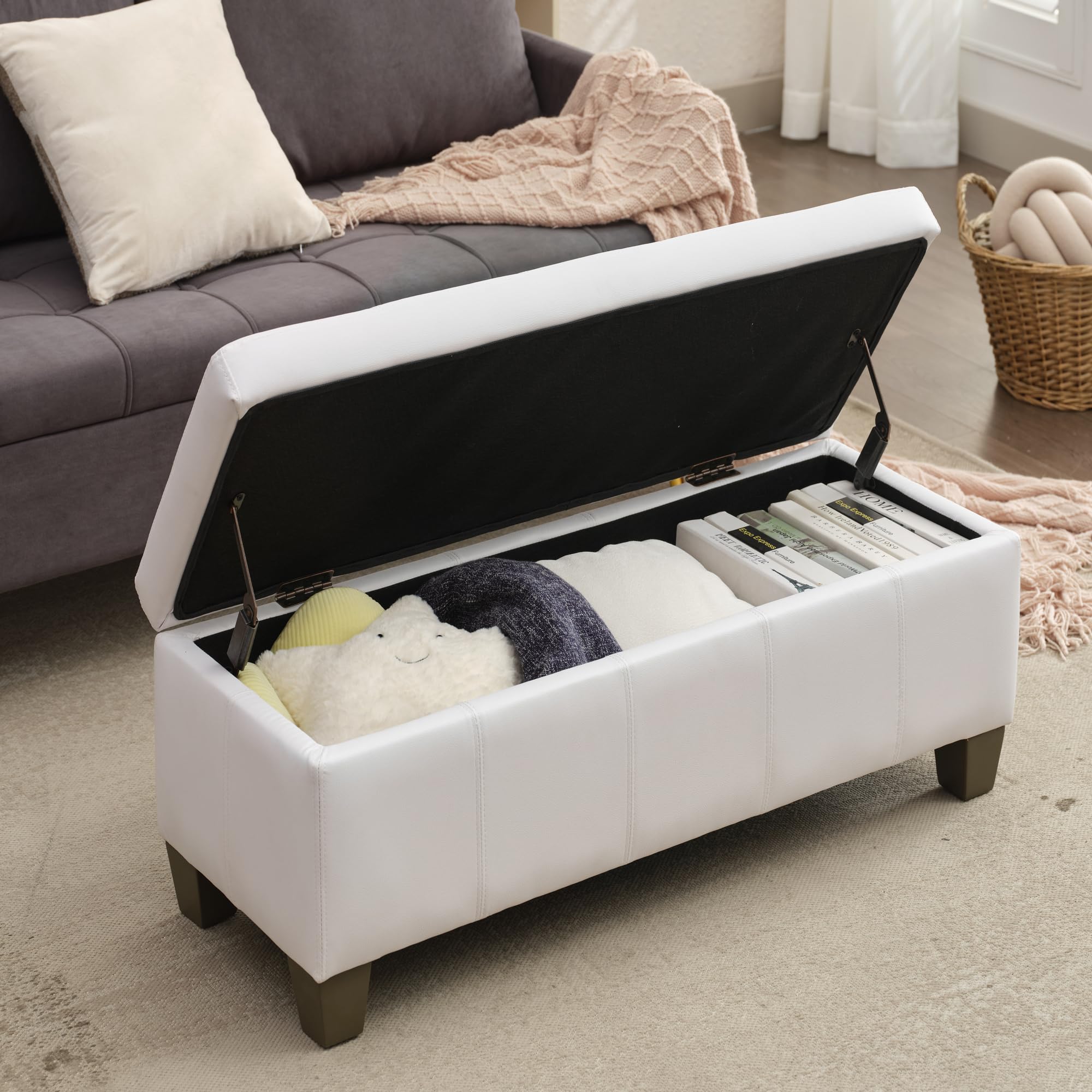 White Faux Leather Storage Ottoman Bench - Extra Long Rectangular Footrest with Hidden Storage | Perfect for Bedroom, Living Room & Entryway Seating and Organization