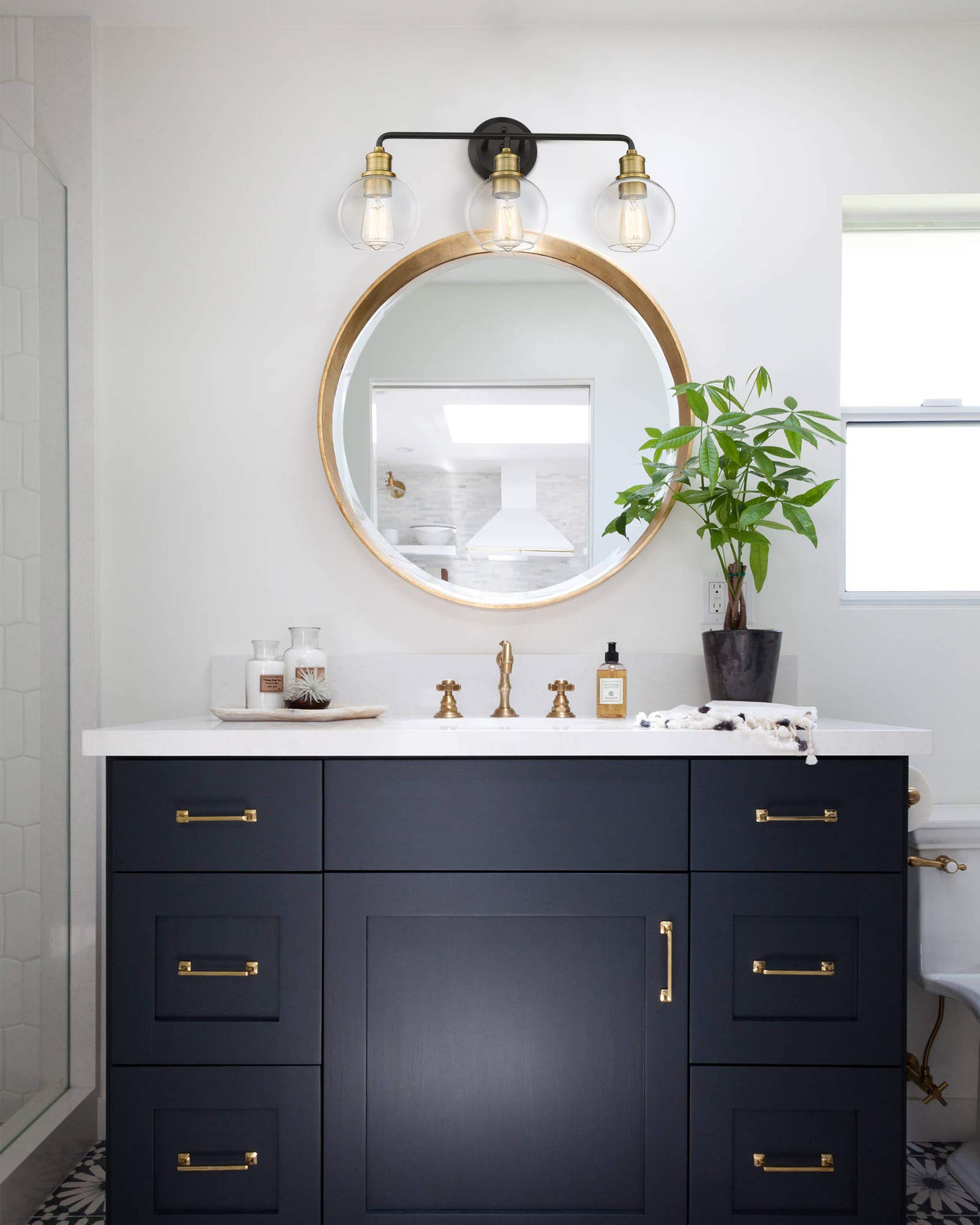 3-Light Bathroom Vanity Lights - Matte Black & Antique Brass Finish with Clear Glass Shade - Modern Bathroom Lighting Fixtures for Mirror - Perfect for Bathroom, Powder Room & Dressing Room Makeup Lighting (Model KW-7221-3)