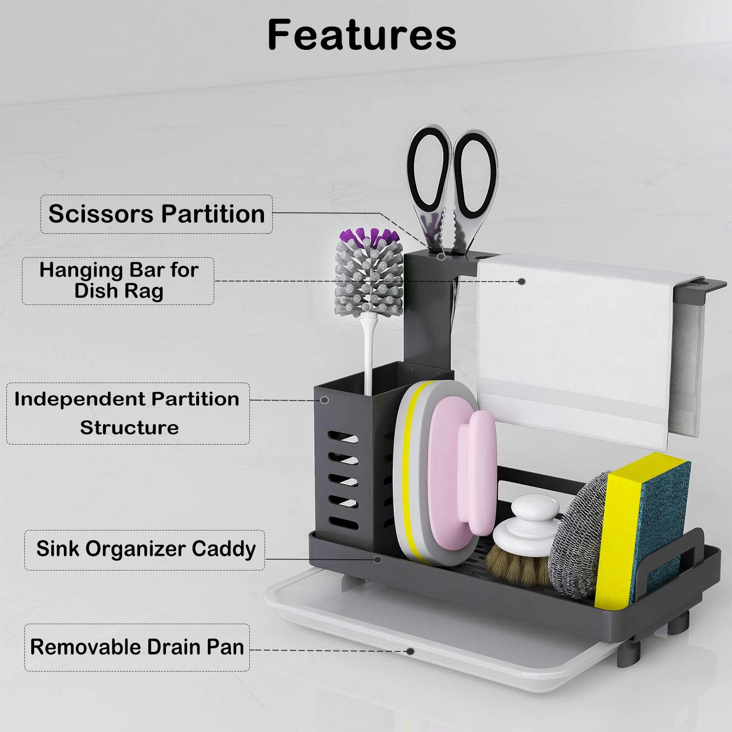 MKO Kitchen Sink Organizer Caddy - Sponge, Soap, Brush & Dishcloth Holder with Drain Pan - Countertop Storage for Kitchen Sink Accessories (Black) - Perfect for Small Kitchen Organization & Decluttering
