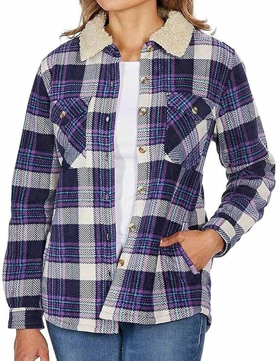 Women's Long Sleeve Plaid Fleece Jacket - Super Soft Sherpa Lined Shirt Coat with Pockets (XX-Large, Blue-Purple) | Cozy Winter Outerwear for Casual Wear, Hiking & Outdoor Activities
