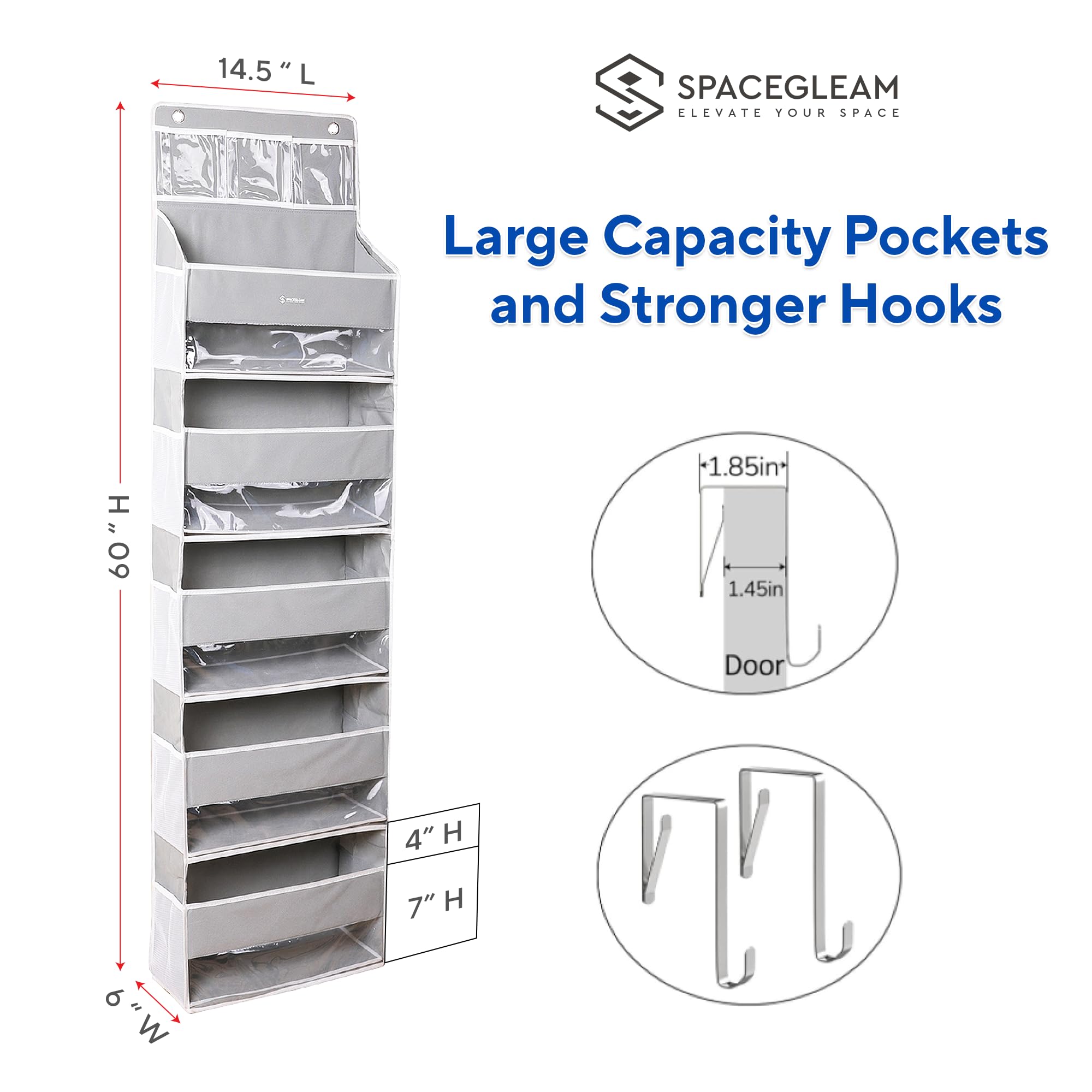 1 Pack Over Door Organizer with 5 Large Pockets & 10 Mesh Side Pockets - Hanging Storage Organizer with Clear Window for Kids Toys, Shoes, Diapers - Grey 5-Layer Space-Saving Solution for Nursery, Closet & Bathroom Organization