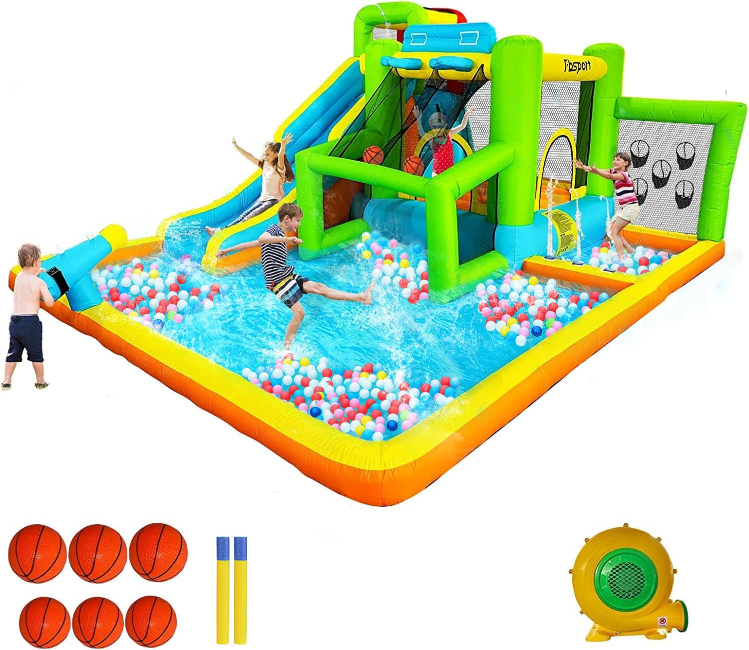 FBSPORT 9-in-1 Inflatable Bounce House Water Slide with 550W Blower - Kids Indoor/Outdoor Bouncy Castle with Ball Shooting, Water Gun, Splash Pool & Bounce Area | Perfect for Birthday Parties, Backyard Fun & Summer Water Play