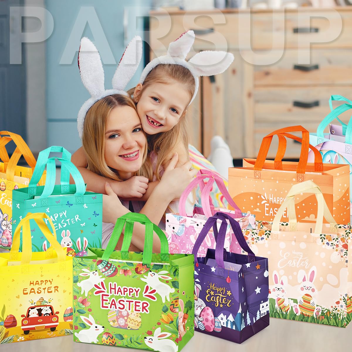 6PCS Easter Egg Hunt Bags - Assorted Sizes Bunny & Chick Themed Gift Bags with Handles, Non-Woven Reusable Treat Bags for Easter Party, Egg Hunt Game, Gift Wrapping & Spring Celebrations - Perfect for Kids, Classroom & Family Gatherings