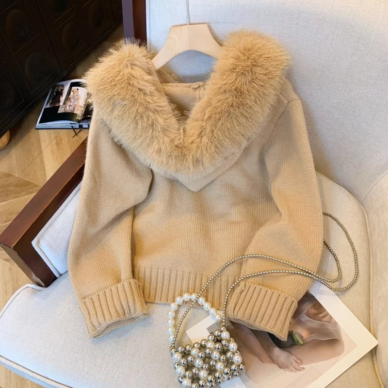 Women's Plush Hoodie Cardigan - Korean Fashion Winter Sweater with Zipper | Soft Cotton Knit Coat for Casual Wear & Vacation | Warm Thick Tops for Fall & Winter Seasons