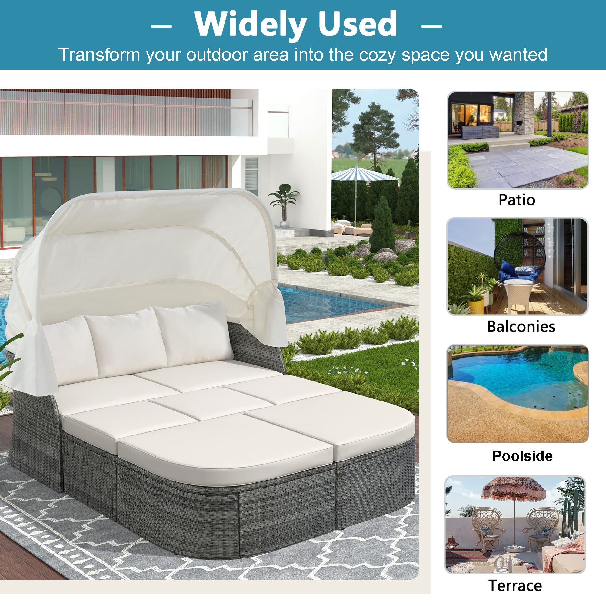 Amposei Outdoor Patio Wicker Furniture Sunbed Sectional Set - Rattan Daybed with Canopy for Porch, Balcony & Backyard - Beige - Perfect for Lounging, Sunbathing & Outdoor Relaxation