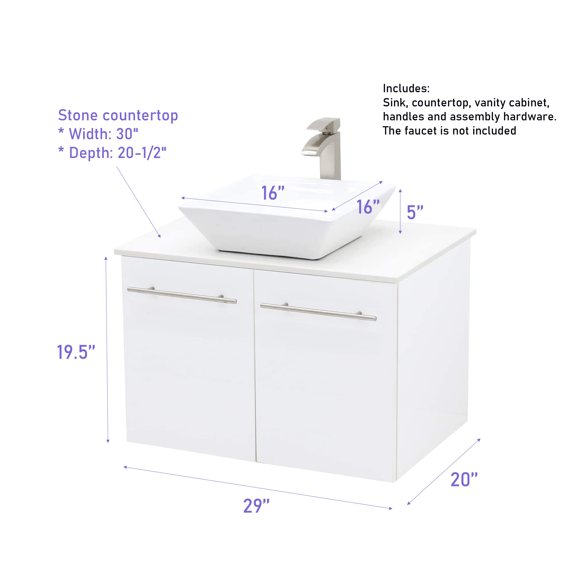 Rustic Brown Floating Vanity Set with White Stone Top - 30