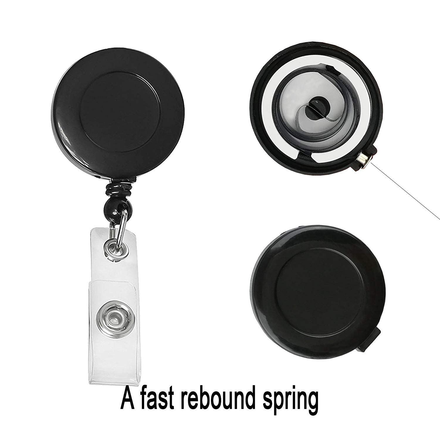 JANYUN 100 Pcs Retractable Badge Reels with ID Card Holders & Keychains - Black Badge Clips for School, Office, Hospital, and Events - Durable Lanyards for Teachers, Nurses, Security & Staff