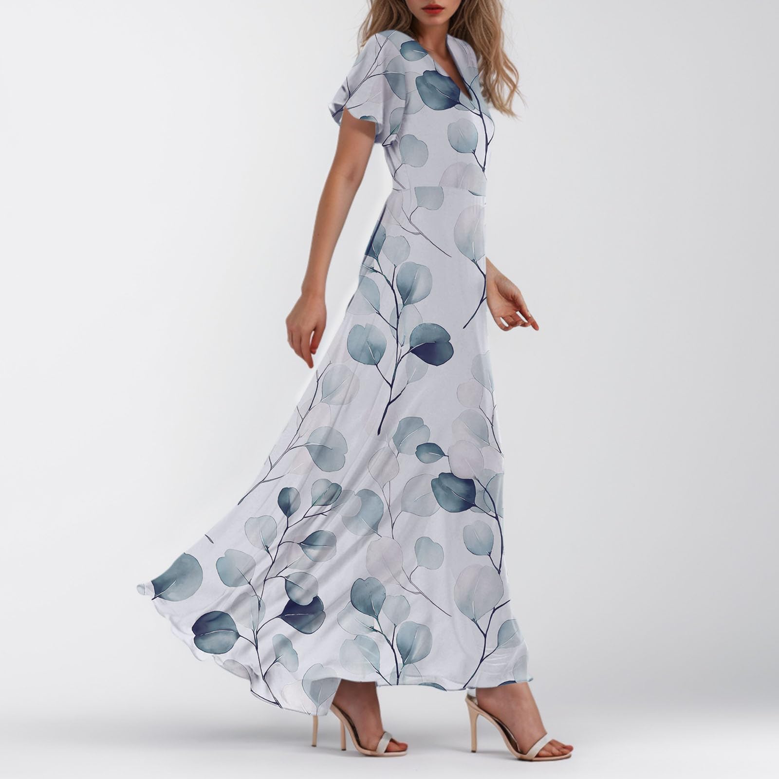 Women's Floral Chiffon Maxi Dress with Ruffle Sleeves - V Neck Empire Waist Boho Flowy Long Dress for Summer, Wedding Guest, Beach Vacation & Special Occasions