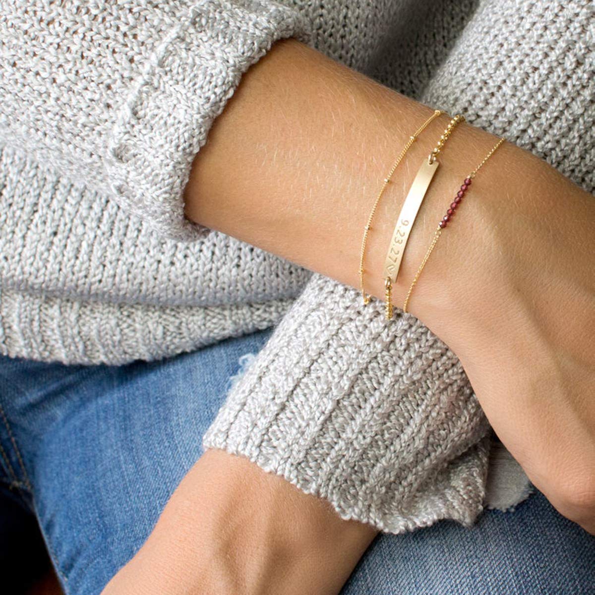 14K Gold Plated & Sterling Silver Dainty Women's Bracelet - Minimalist Beaded Chain Layered Coin Charm Satellite Link Jewelry for Everyday Wear & Gift Giving