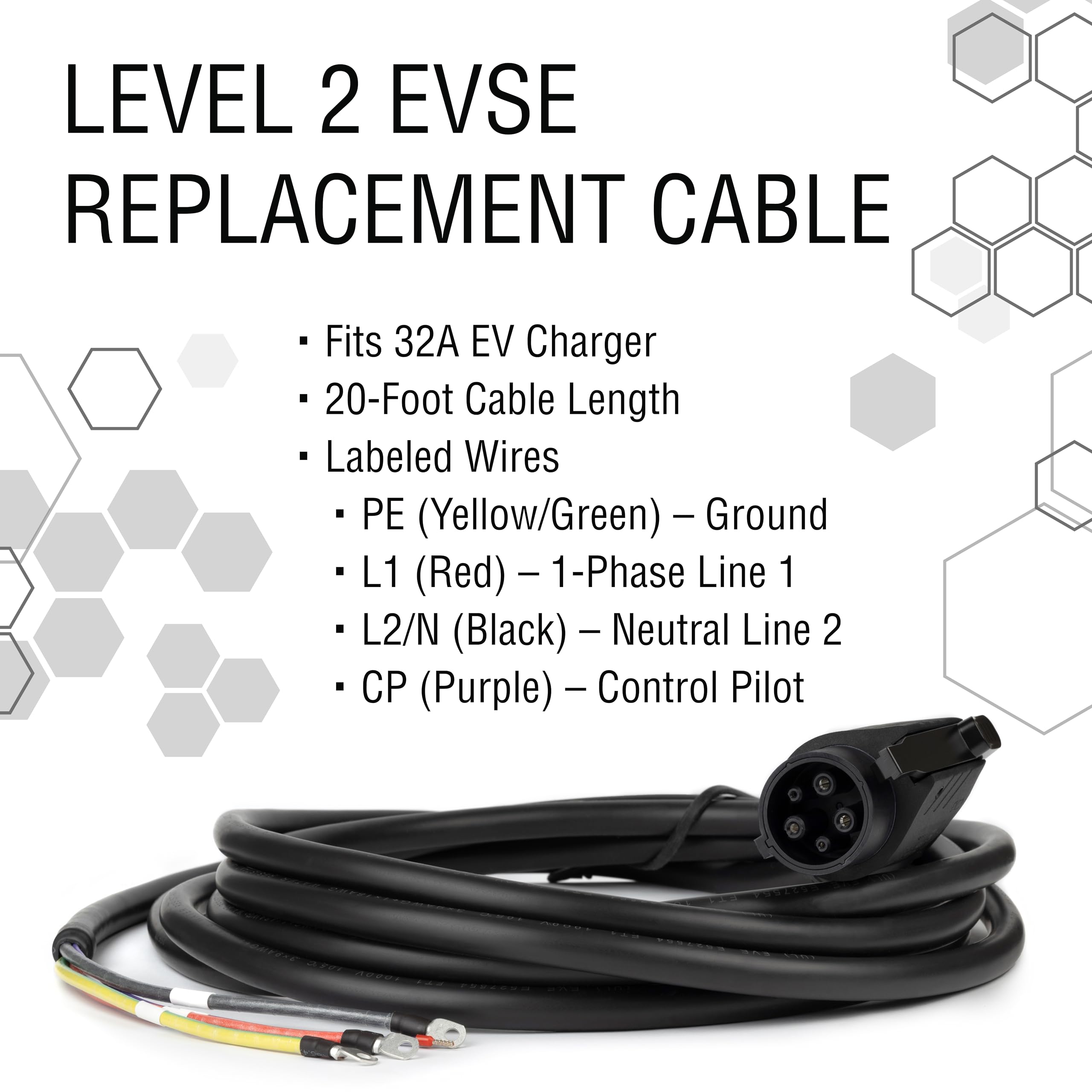 32 Amp 240V Level 2 EV Charger Replacement Cord - SAE J1772 Compatible with All Electric Vehicles, 20ft Charging Cable for Home & Public Charging Stations