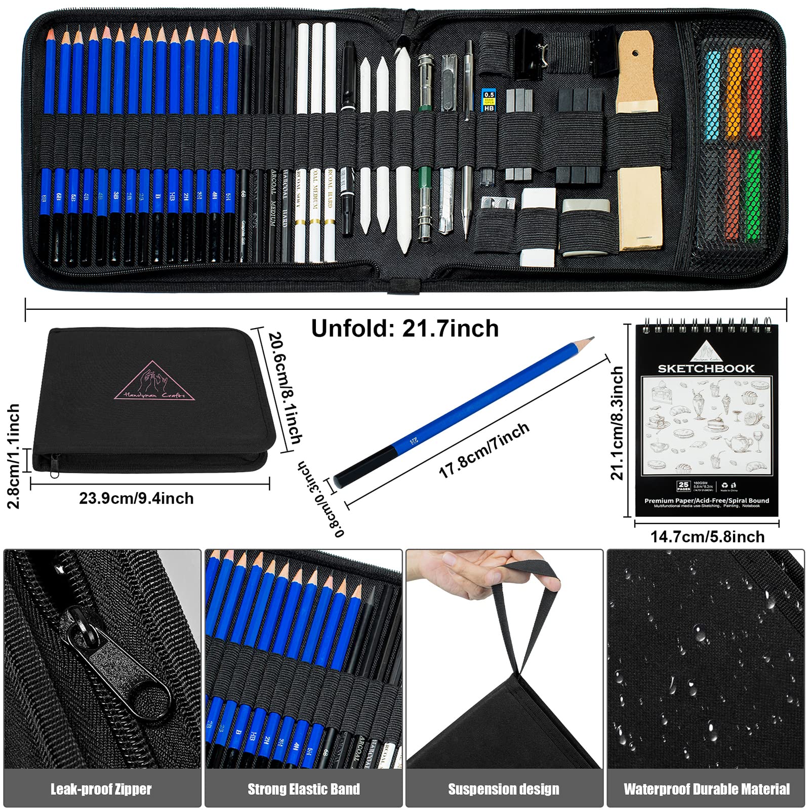 50-Piece Professional Sketching Drawing Pencils Set - Graphite, Charcoal & Sketch Book Art Supplies in Black Zipper Case - Perfect for Adults, Teens & Kids 9-12 - Ideal for Sketching, Shading, Doodling & Art Projects