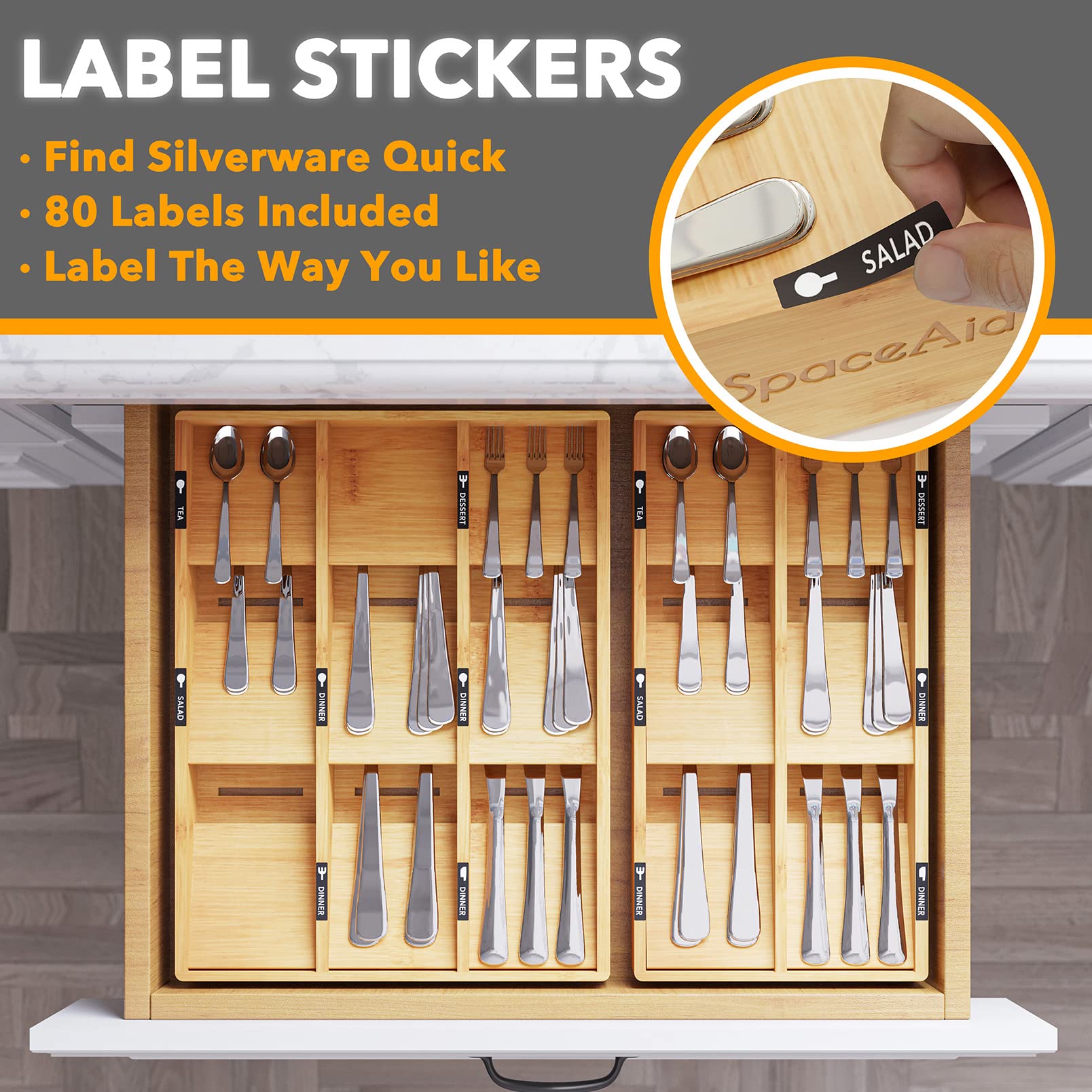 SpaceAid Bamboo Silverware Drawer Organizer with Labels - 9 Slot Kitchen Utensil Tray for Flatware, Cutlery, Spoons & Knives - Perfect for Drawer Storage Organization & Kitchen Countertop Decluttering