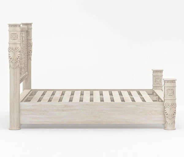 Hand Carved Solid Wood King Size Bed Frame - White Finish | Luxury Master Bedroom Furniture for Modern & Traditional Home Decor