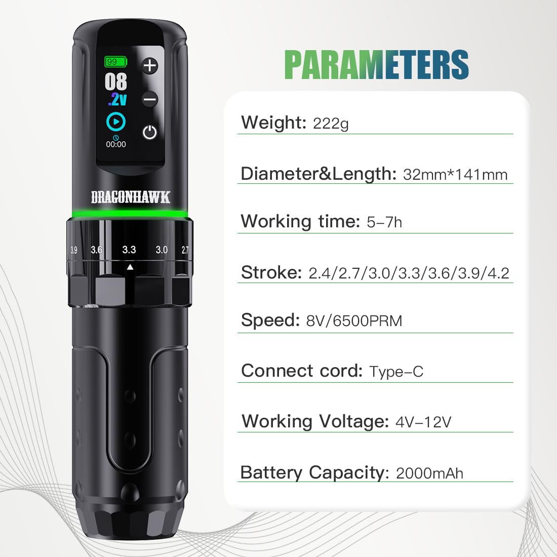 **Dragonhawk L3 Professional Cordless Tattoo Kit – Complete Tattoo Pen Machine with 7 Stroke Lengths, 2 x 2000mAh Batteries & Extra RCA Jack Parts – Ideal for Beginners & Artists – Perfect for Home, Studio & Professional Tattooing**