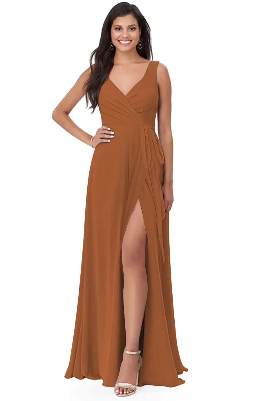 Split V-Neck Chiffon Bridesmaid Dresses Long A-Line Formal Evening Gowns for Women with Pleated Skirt & Belt - Perfect for Weddings, Prom & Special Occasions