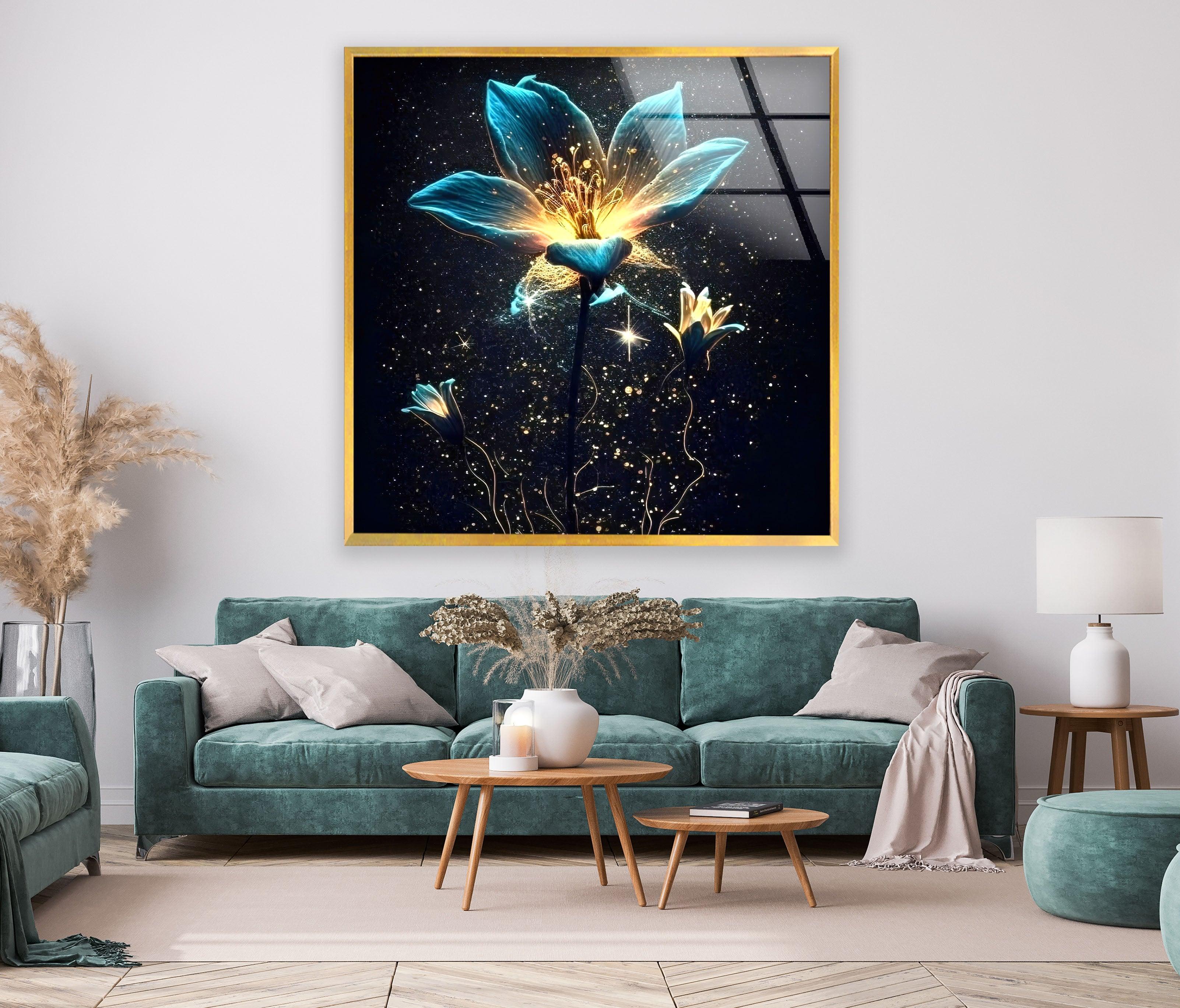 Glowing Bioluminescent Flowers Glass Wall Art - Handmade Home Decor for Living Room, Bedroom, Office - Unique Night Light & Modern Interior Design Gift Idea